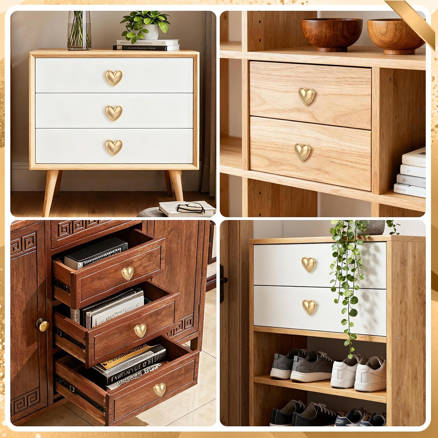 4 pcs Gold Heart Drawer Knobs Cute Furniture Cabinet Dresser Handle Knobs for Girl's Room Dresser Cupboard Drawer Wardrobe Decorative Knobs (Matte Gold-C-4 Pack)