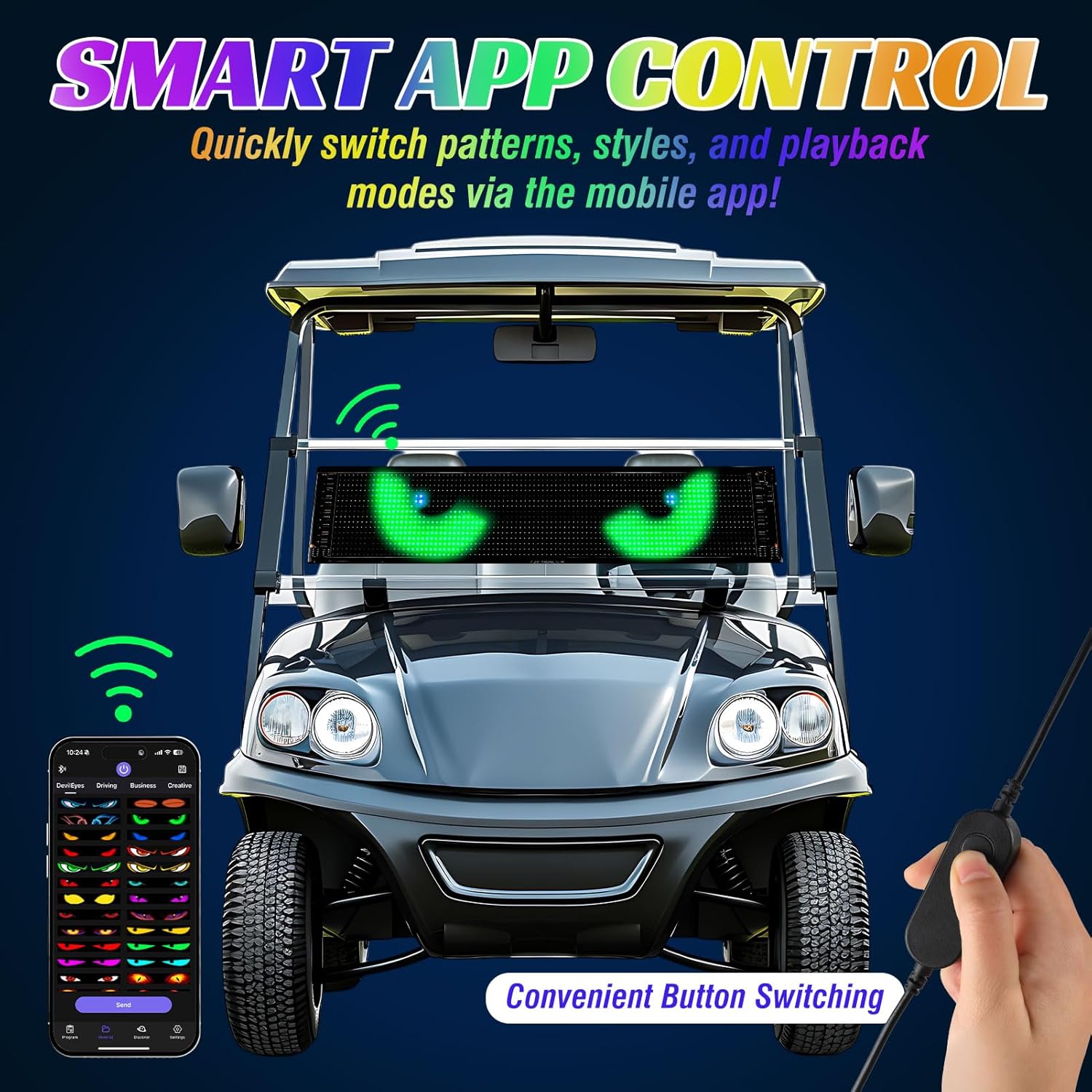 Golf Cart Devil LED Eyes Light Sign, 23.23"x4.72" Programmable Flexible Screen for Windshield with App Control, DIY Dynamic Animated LED Sign Display for Car Golf Cart Trucks Festivals Decor