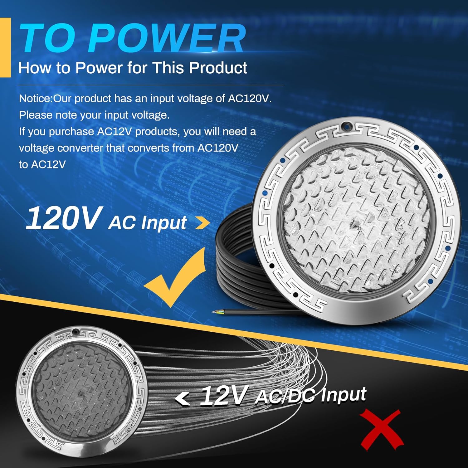 50FT AC120V LED Pool Lights, 10 Inch 35W Pure White Pool Light, Only for Replacement of 10 Inch Underground Pool Niches, Input Voltage AC 120V
