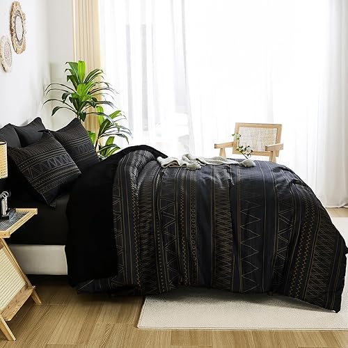 Miniatura 5 de WONGS BEDDING - Juego de edredón queen de 7 piezas, edredón geométrico de rayas negras y doradas estilo boho para cama queen en una bolsa, juego de