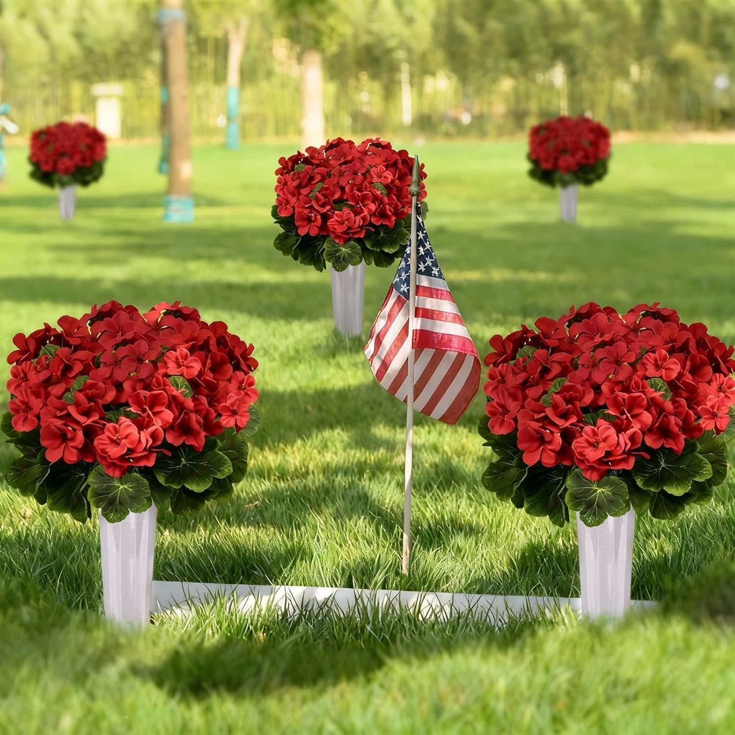 2 Sets Cemetery Flowers for Grave Silk Artificial Geraniums Bouquet with Grave Vase - Artificial Flowers for Cemetery 17" Red Grave Flowers for Cemetery Memorial Flowers Gravesite Decorations