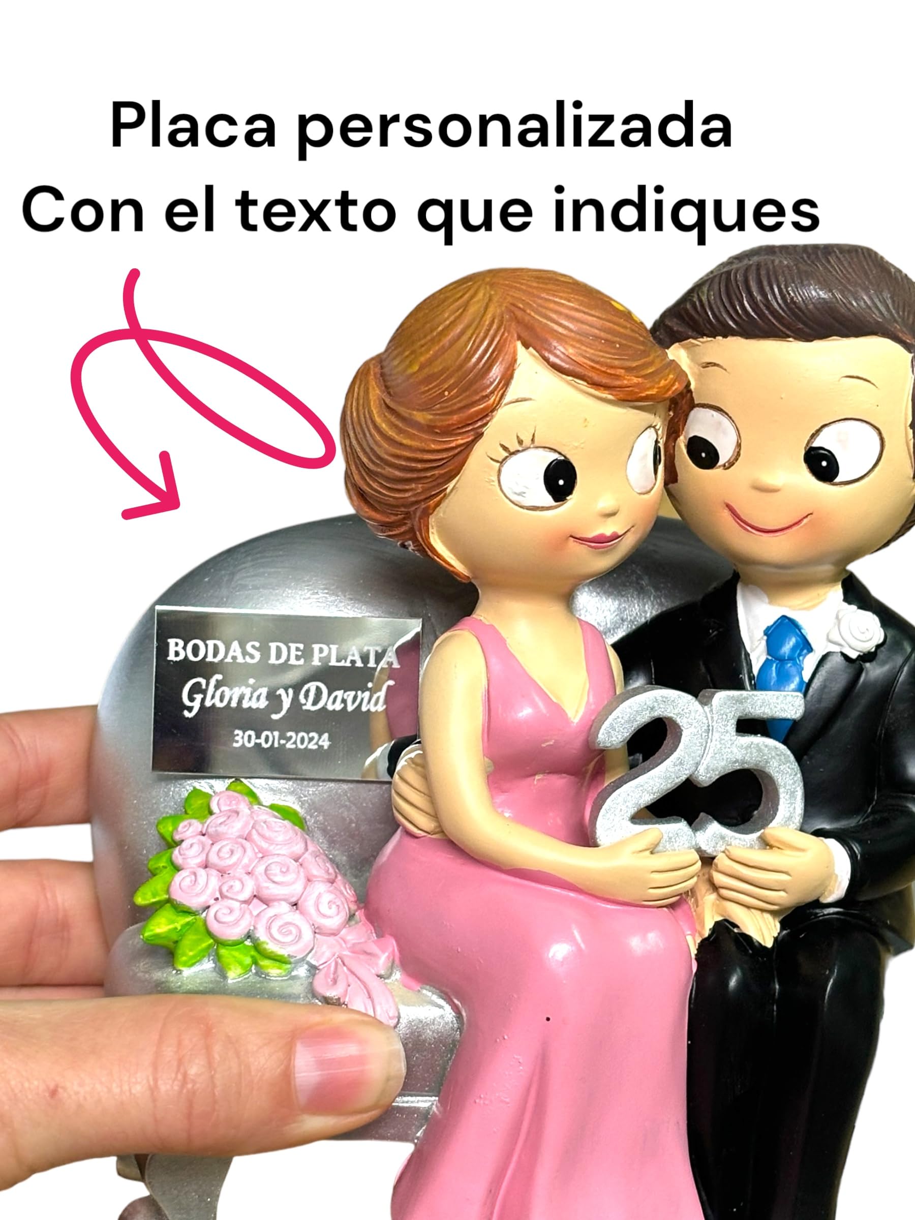 Figura 25 Aniversario Personalizada con Placa Grabada - Regalo Bodas de Plata Personalizado con Nombre y Fecha