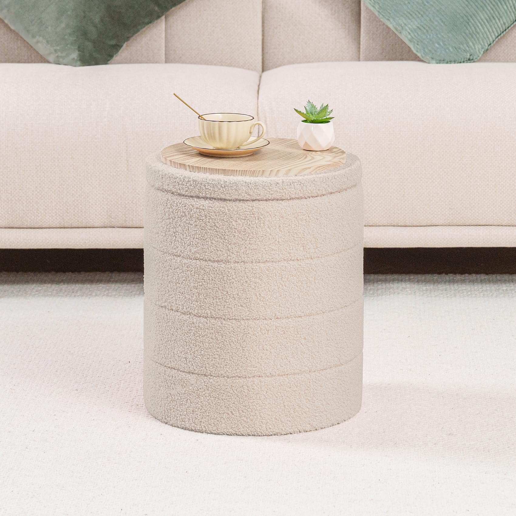 Bonlife Tabouret de Rangement, Rond Pouf Pliable, Coffre de Rangement, pour Salon, Chambre, Dortoir, Charge jusqu'à 120 kg, Beige, 37x37x45 cm