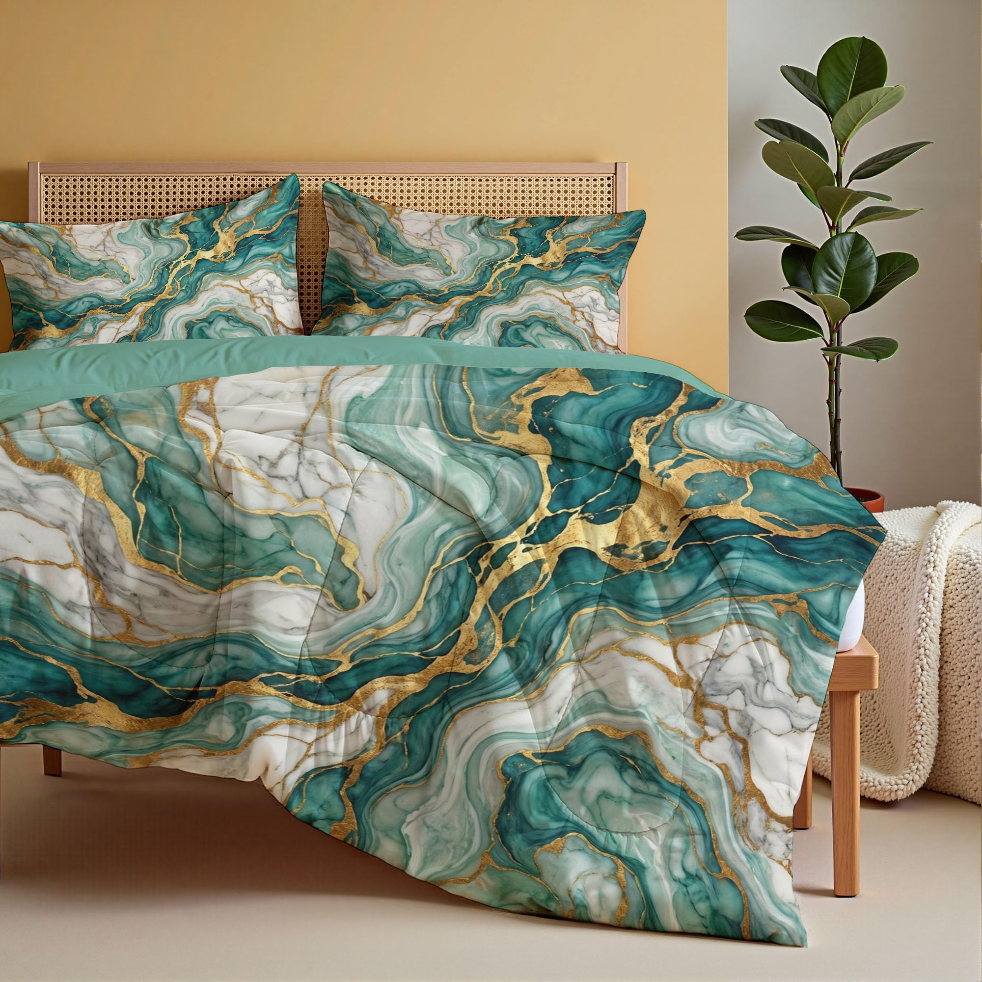 Vergoldet Marmor Bettdecke 140×200 cm | 4 Jahreszeiten Blattgold Crack Steppdecke mit 1 Kissenbezug 80x80cm, Waschbar Ganzjahresdecke - Grün Gold