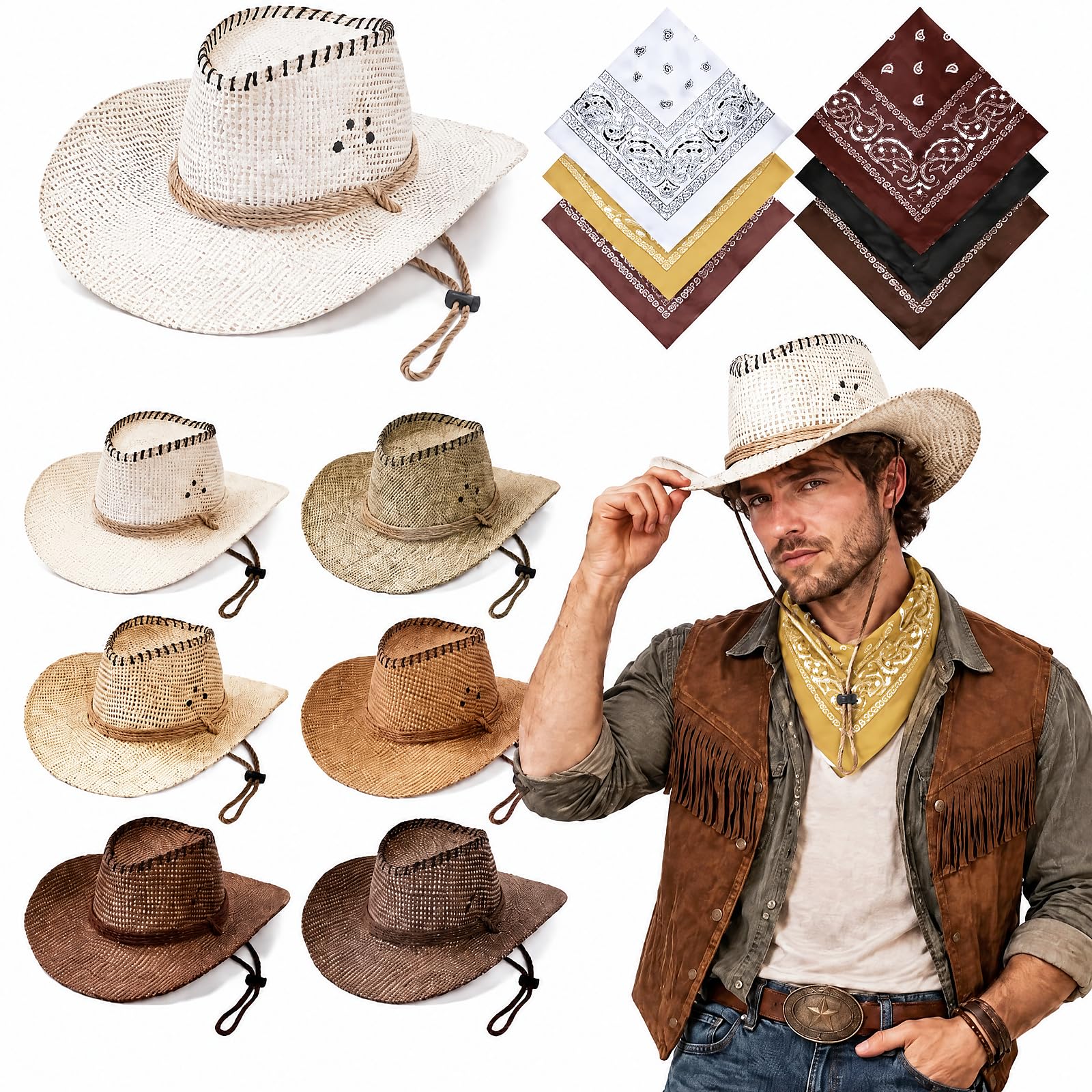Zhanmai 12 Pcs Cowboy Hats Bulk, 6 Hats with 6 Bandanas