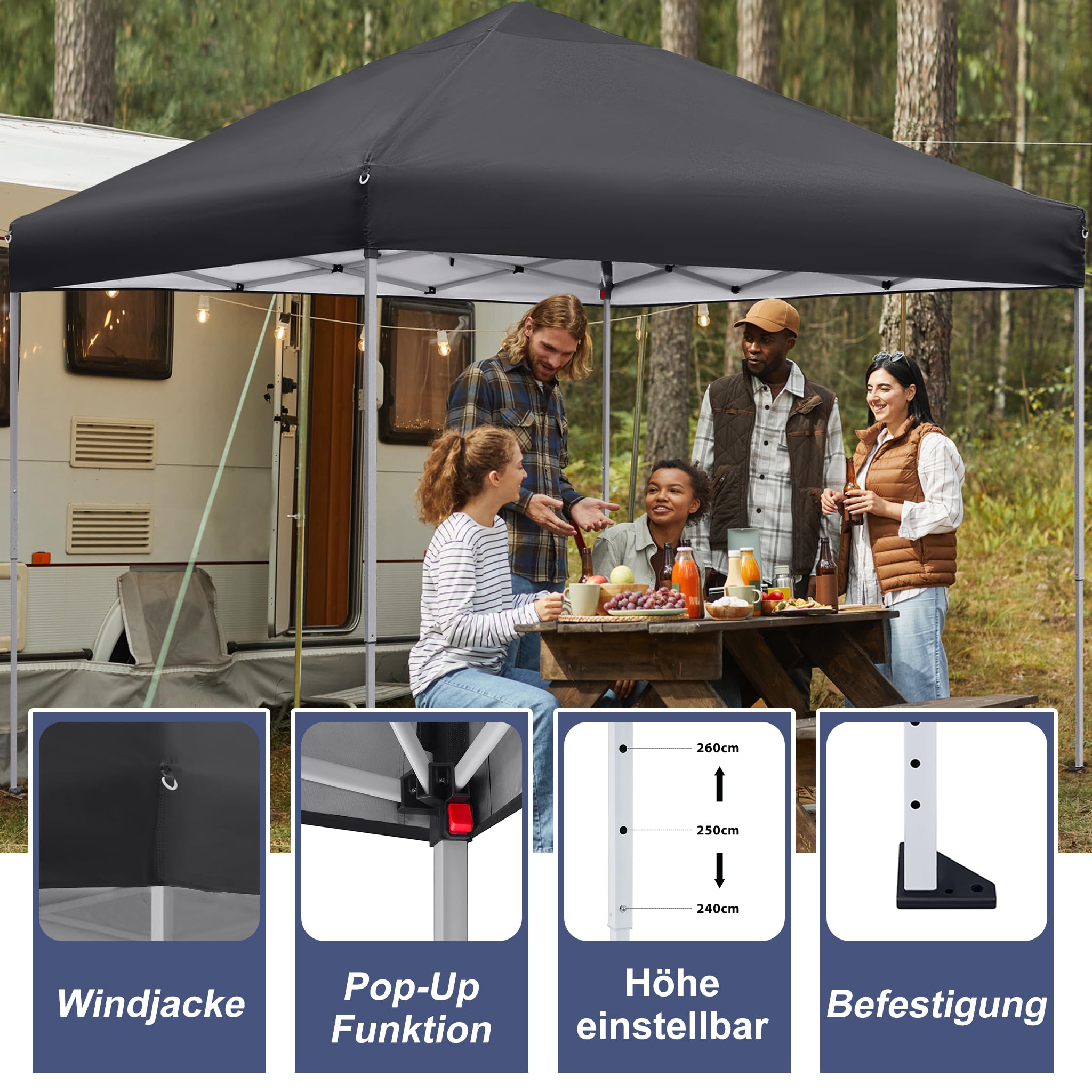 HENGMEI Faltpavillon 3x3 M – Wasserdicht, Stabil, Mit Seilen & Heringen, Für Party, Markt, Camping, Anthrazit