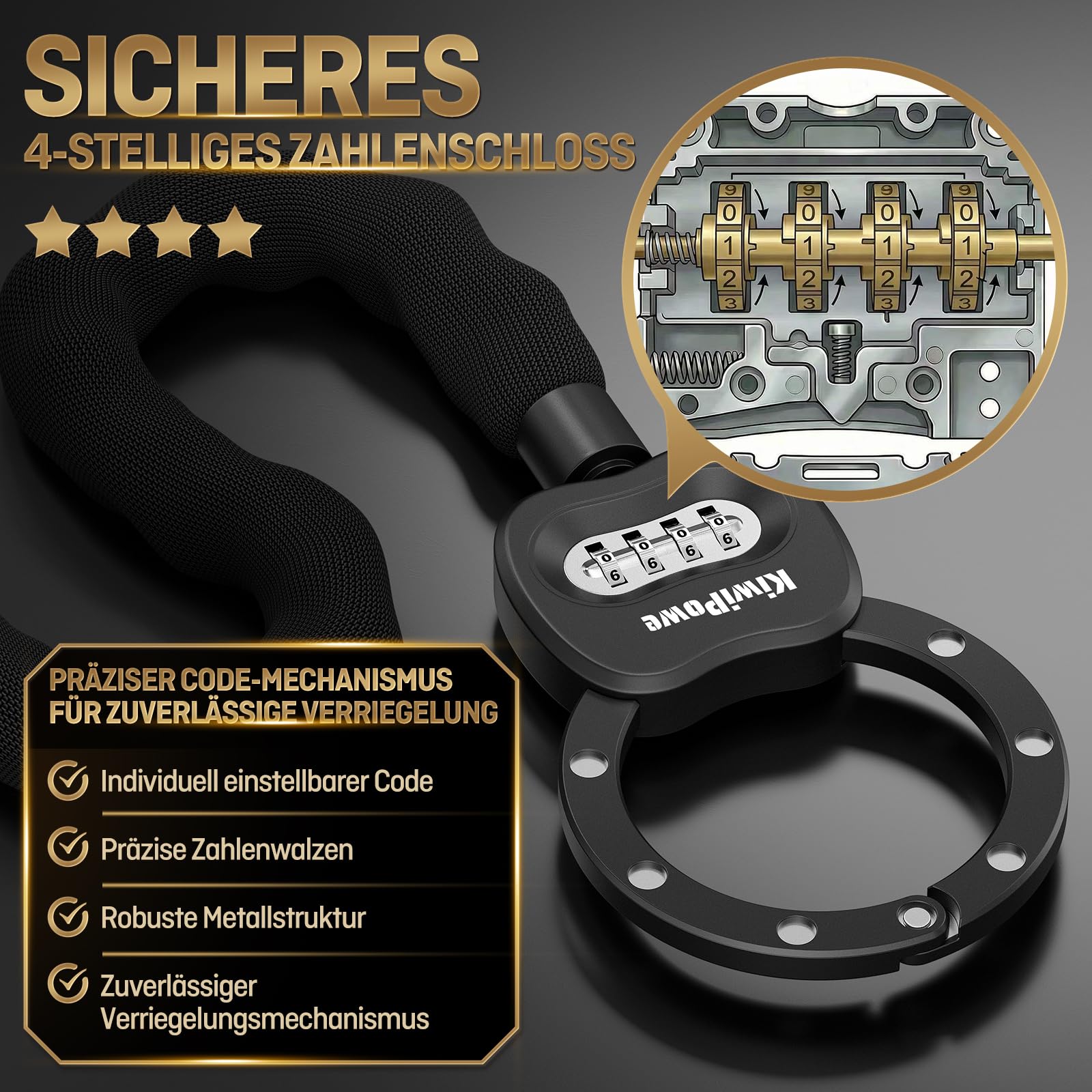 E Scooter - Candado con código numérico (90 cm) | 10 cm de apertura de cadena de acero de 8 mm para patinete eléctrico, bicicleta y bicicleta eléctrica