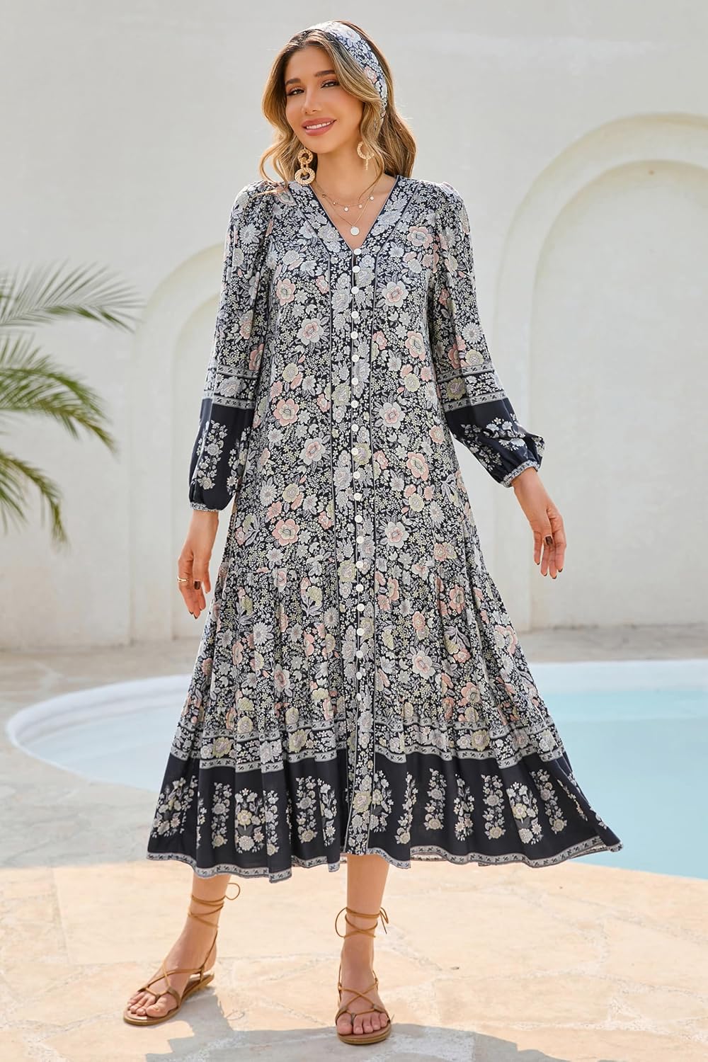 R.Vivimos Women's Long Sleeve Boho Midi Dress V Neck Floral Print Casual Button Down Loose Ruffle Beach Long Dress with Belt - Image 5