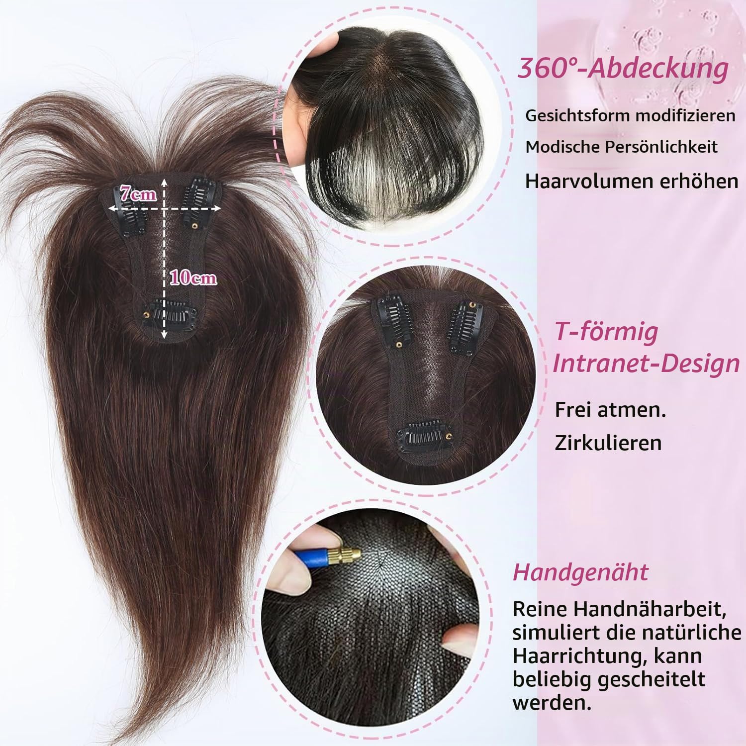 Echthaar-Topper für Damen mit 360° 3D-Abdeckung grauer Haaransätze – Haar-Topper aus Echthaar mit wispy Pony, nahtloser unsichtbarer Clip-in-Pony für den täglichen Gebrauch 20cm Braun