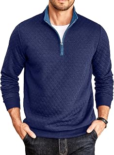 Mens Quarter Zip Pullover Mock Neck Quilted Sweatshirt Casual Long Sleeve Polo Sweater