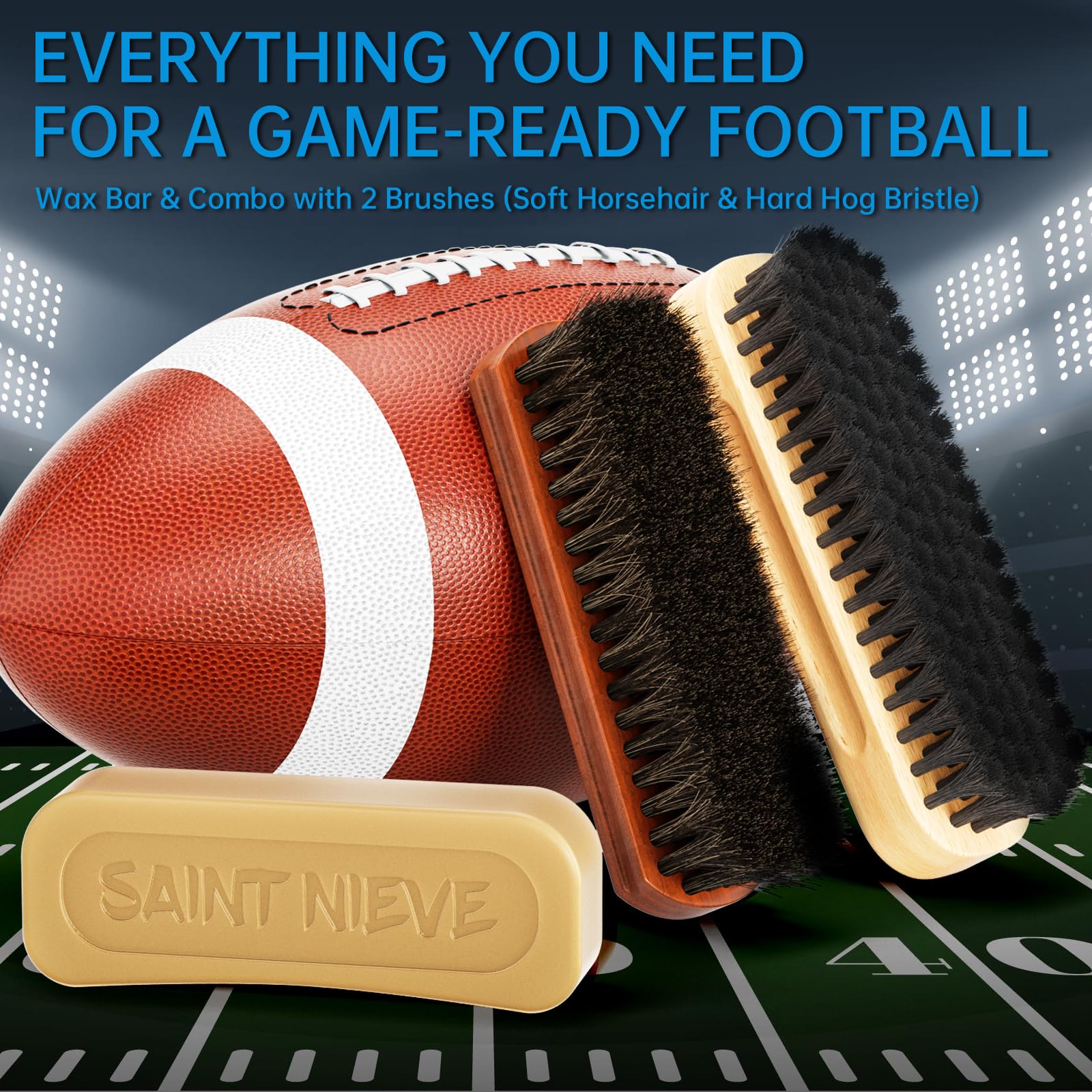SAINT NIEVE Football Prep Kit - Leather Football Conditioning Set with Beeswax, 2 Brushes (Soft Horsehair & Hard Hog Bristle), for Enhanced Grip & Longevity