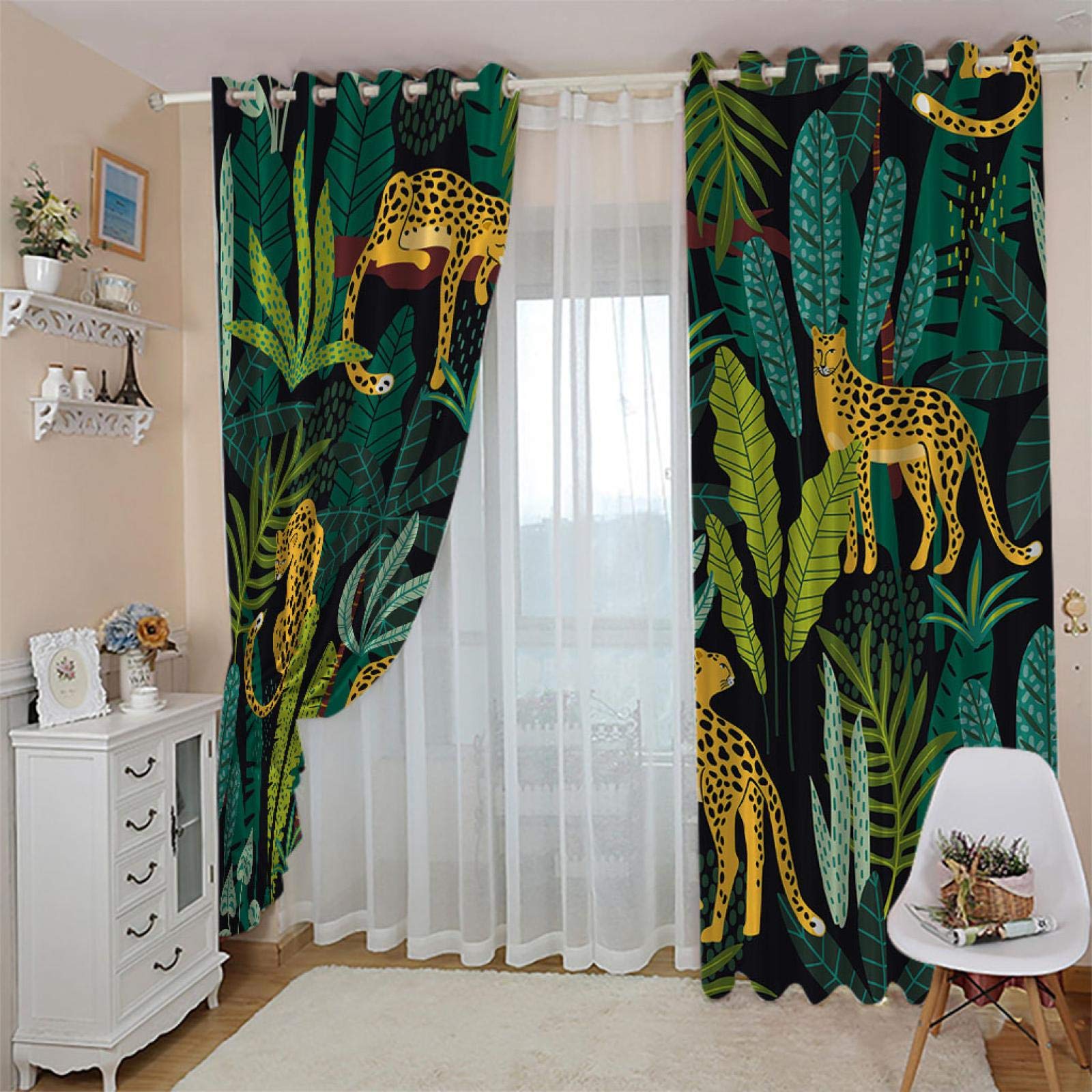 Rideau Occultant Isolant Thermique À Oeillets 2 Pièces 117x230cm, Motif Guépard Jungle Tropicale