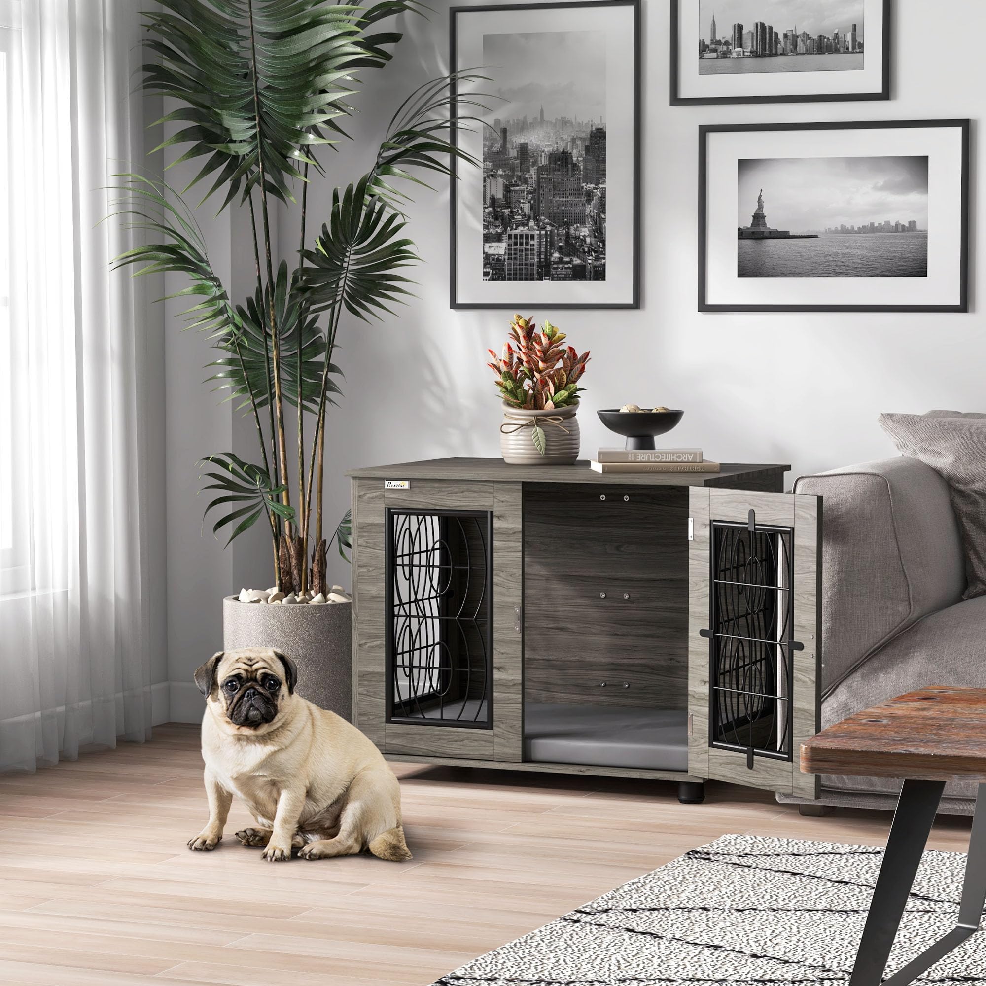 PawHut: Caseta de perro con cojín, puerta con cerradura, malla metálica de ventilación, para perros medianos de hasta 20 kg, gris, 80 x 56 x 63 cm