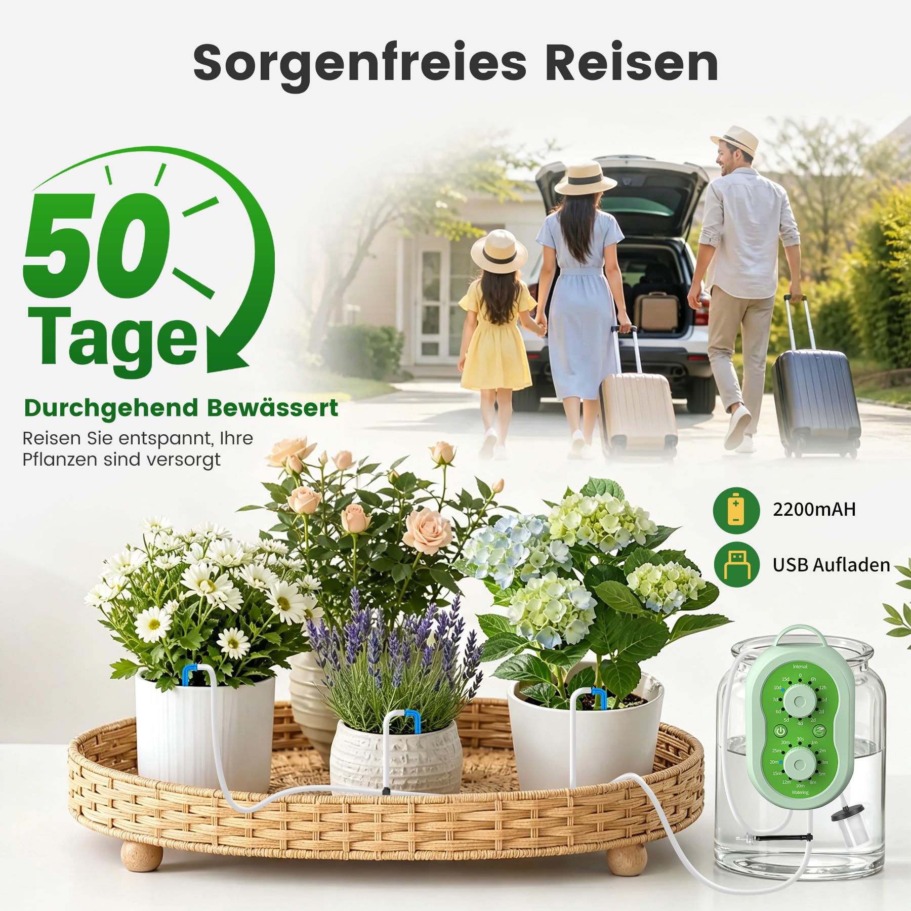 Sistema di irrigazione automatica per interni, con indicatore di stato di carica a LED e doppia manopola per fino a 15 piante in vaso, per balcone, vacanze, serra