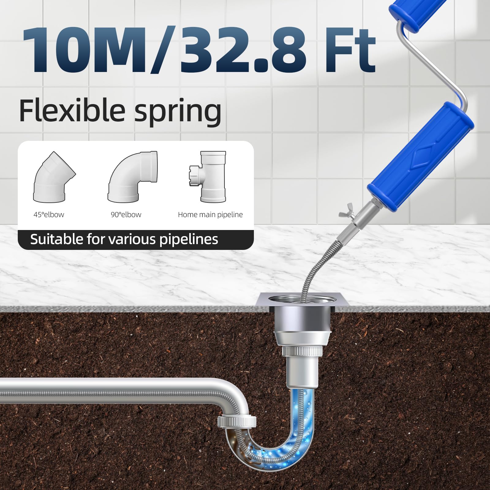 Desatascador Fregadero Profesional 10m, Espiral de limpieza de tuberías, diámetro 6 mm, espiral de limpieza de tuberías, espiral de limpieza con adaptadores eléctricos y manuales, varilla de limpiez