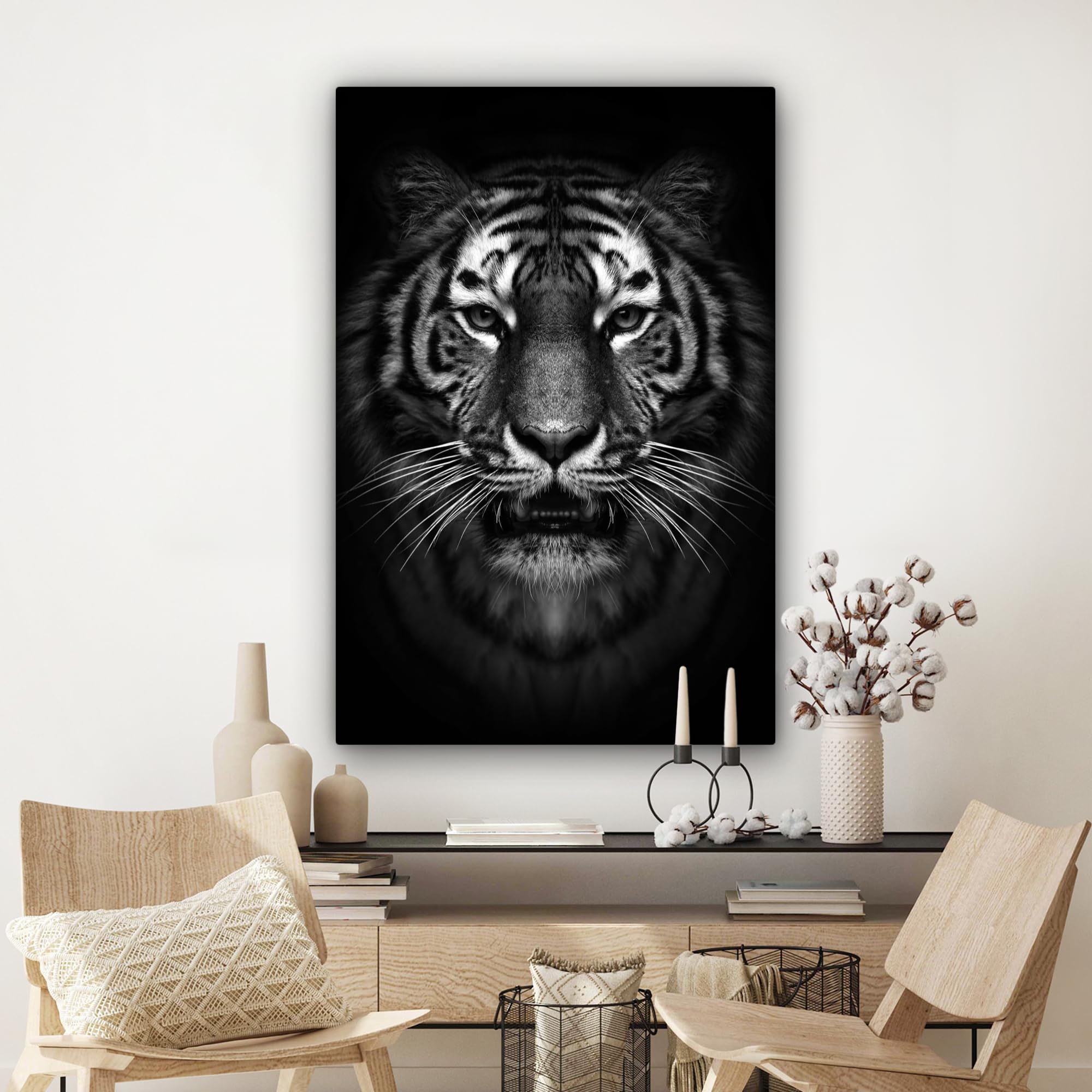 MuchoWow© Quadro su Tela Stampe da Parete Quadri Cucina Camera da Letto | 80x120 cm - Dipinto Arredamento Casa Tigre - Animali - Nero - Bianco - Ritratto - Animali selvatici