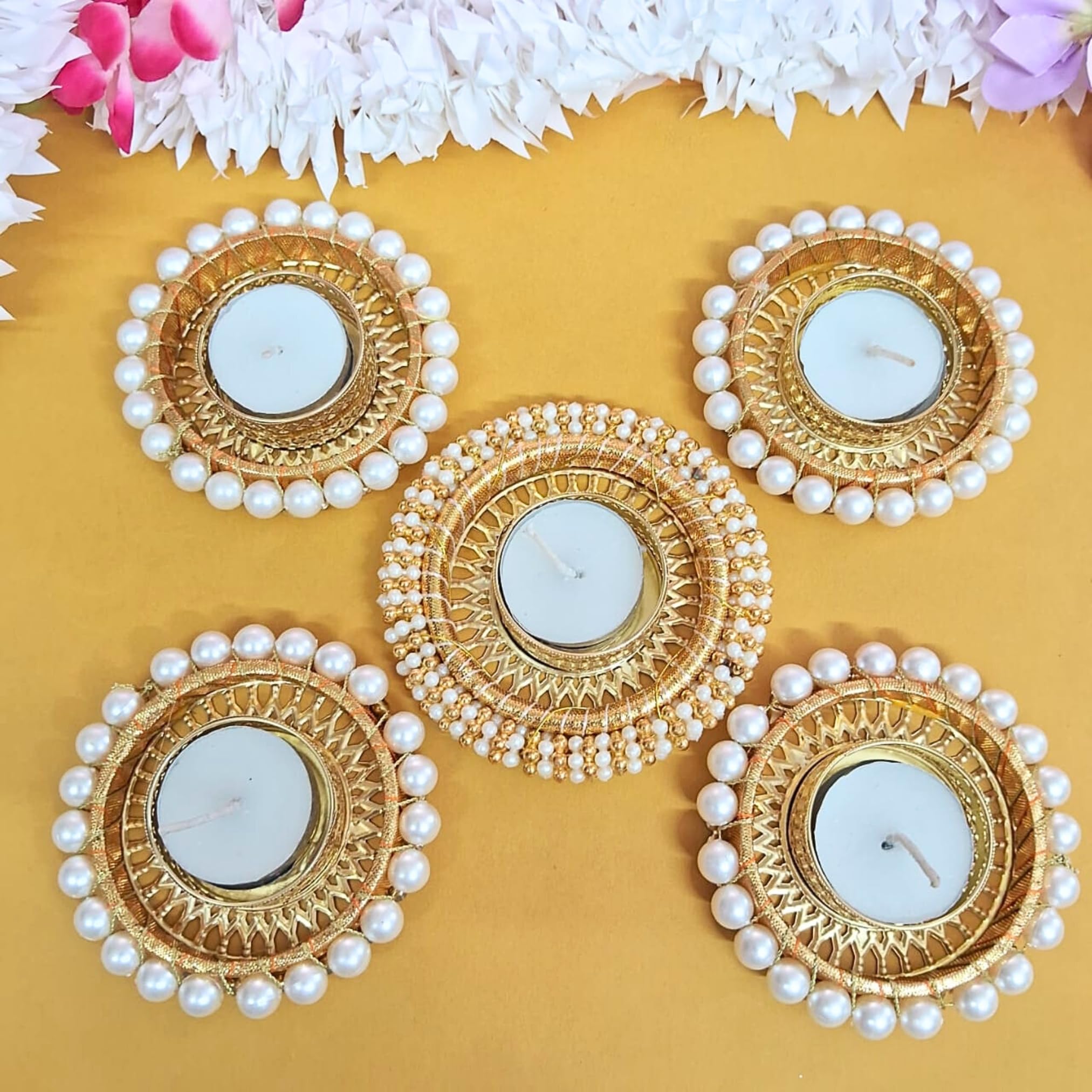 Alaukik Pearl Tea Light Holder Set of 5 Pcs, Candle Holder Stand for Diwali, Rangoli,Traditional Diya Holders/Candle Holders for Navratri Decoration/Festive Home Decoration-image-16