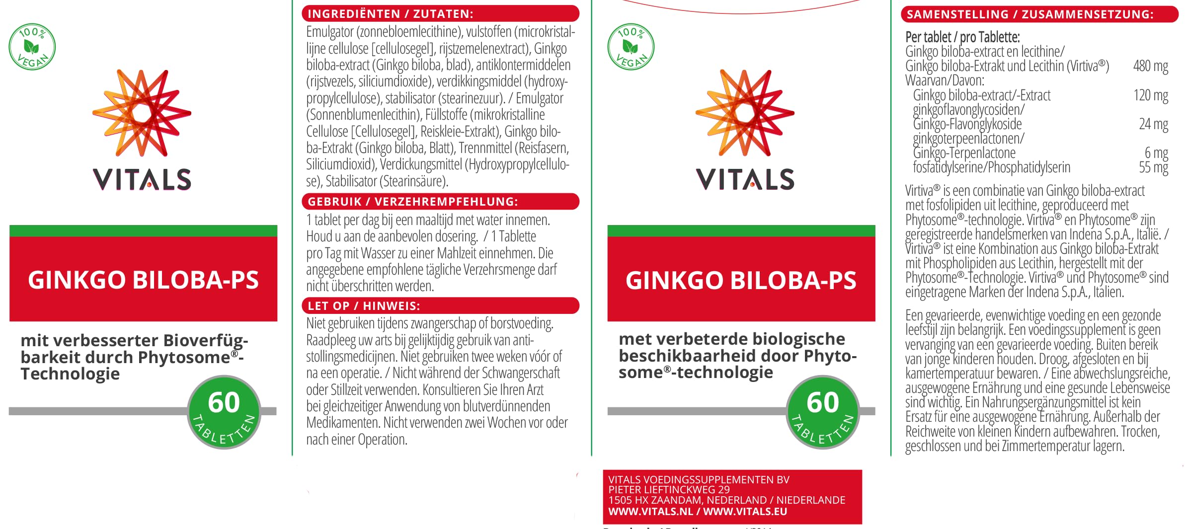 Vitals Ginkgo Biloba PS - 60 Tabletten, vegan. Mit Virtiva und Phytosome für verbesserte Bioverfügbarkeit. Für Konzentration, Gedächtnis und geistige Leistung.