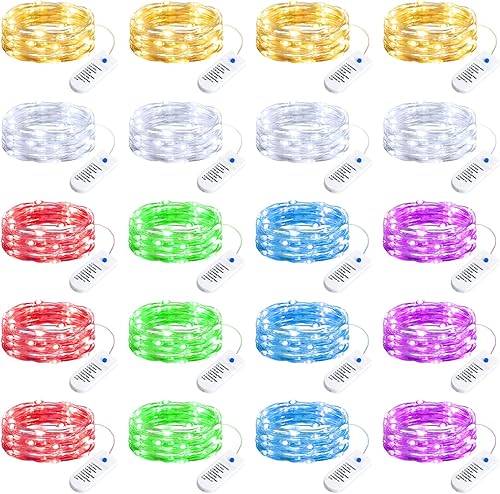 Miniatura 17 de Minetom Paquete de 12 luces de hadas que funcionan con pilas, 8 modos y temporizador, 7 pies, 20 luces LED impermeables de alambre plateado, luces