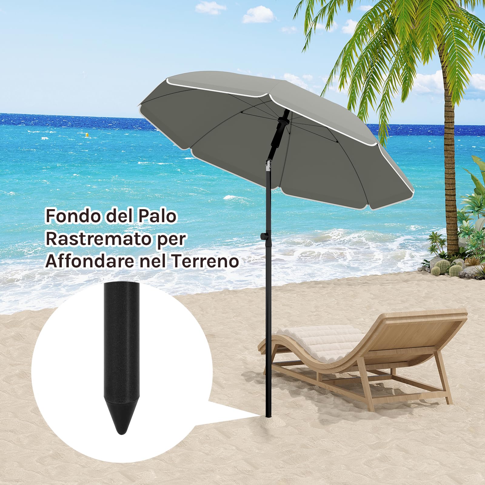 WOLTU Ombrellone da Spiaggia/Giardino con Funzione di Inclinazione e Altezza Regolabile, Tessuto Resistente ai Raggi UV da 180 gsm, Rotondo da 1,55 m Grigio scuro