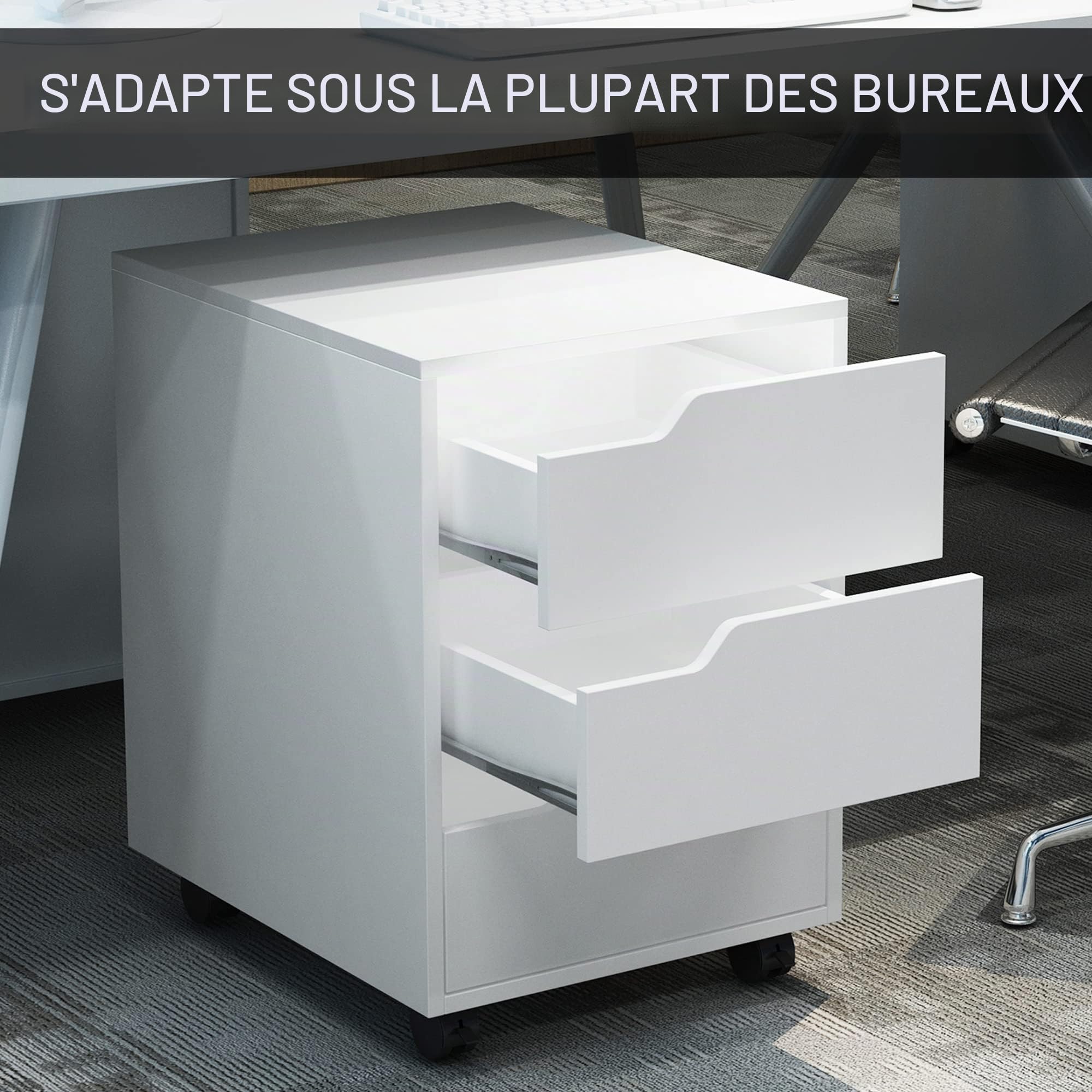 Caisson de bureau rangement sur roulettes 3 tiroirs verrouillables 40 x 50 x 57,5 cm MDF blanc