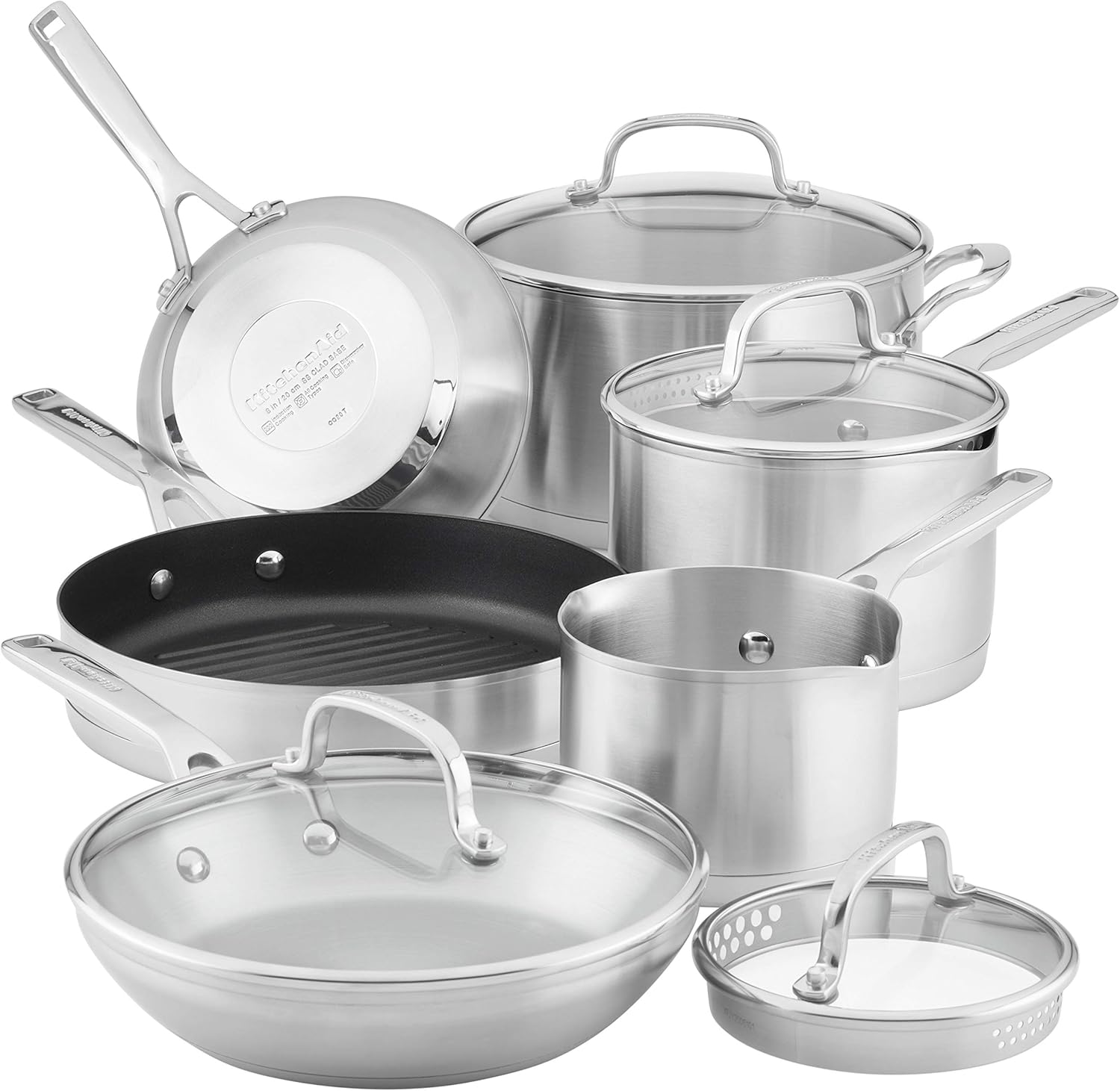 KitchenAid 3-Ply Base Brushed Stainless Steel Induction Pots and Pans Set with Nonstick Round Grill Pan and Lids, Dishwasher Safe, 10 Piece Cookware Set, Brushed Stainless Steel - Thumbnail 2