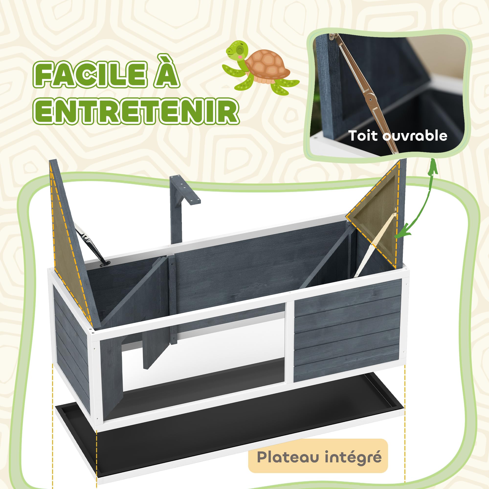 PawHut Casa per tartarughe XL 120 cm - terrario per tartarughe terrestri in legno, 2 nicchie con tetto apribile e area giochi aperta - recinto con supporto per lampada e finestra panoramica, grigio