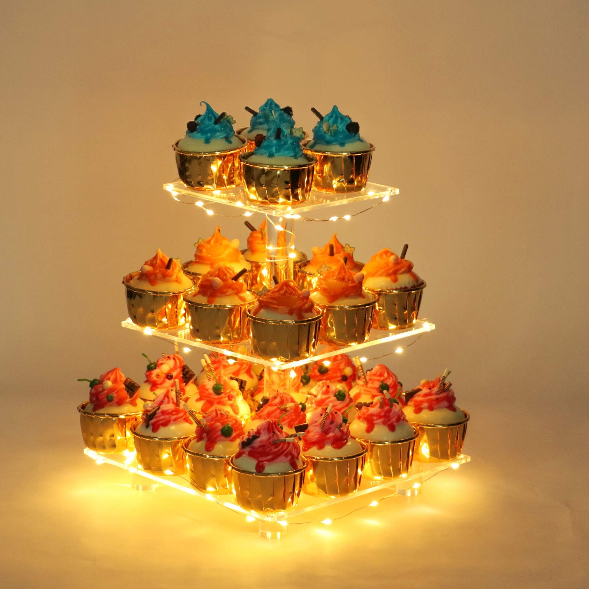 YestBuy 3 Tier Clear Square Cupcake Stand - Premium Cupcake Holder - Acrylic Cupcake Tower Display - Candy Bar Party Décor + LED Light String - Ideal for Weddings, Birthday Parties (Yellow Light)