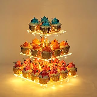 YestBuy 3 Tier Clear Square Cupcake Stand - Premium Cupcake Holder - Acrylic Cupcake Tower Display - Cady Bar Party Décor + LED Light String - Ideal for Weddings, Birthday Parties (Yellow Light)