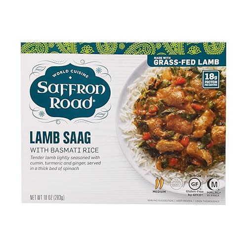 Saffron Road Saag de cordero alimentado con hierba con arroz basmati, cena congelada, 10 onzas, sin gluten, Halal