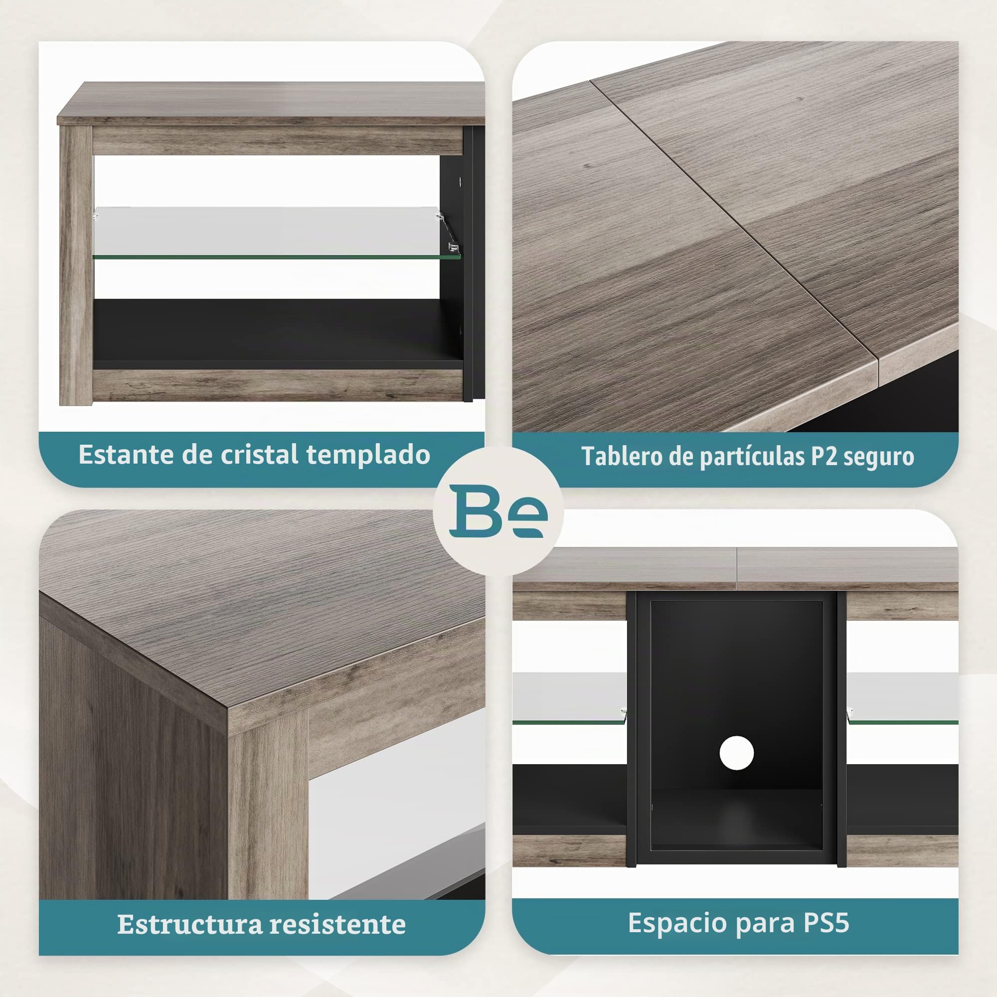 Bestier Mueble de TV bajo para TV de 65 pulgadas y televisores más pequeños, 160 x 35 x 52 cm, mueble de TV con luces LED RGB, mesa de TV con gestión de cables integrada, bandeja de cristal ajustable