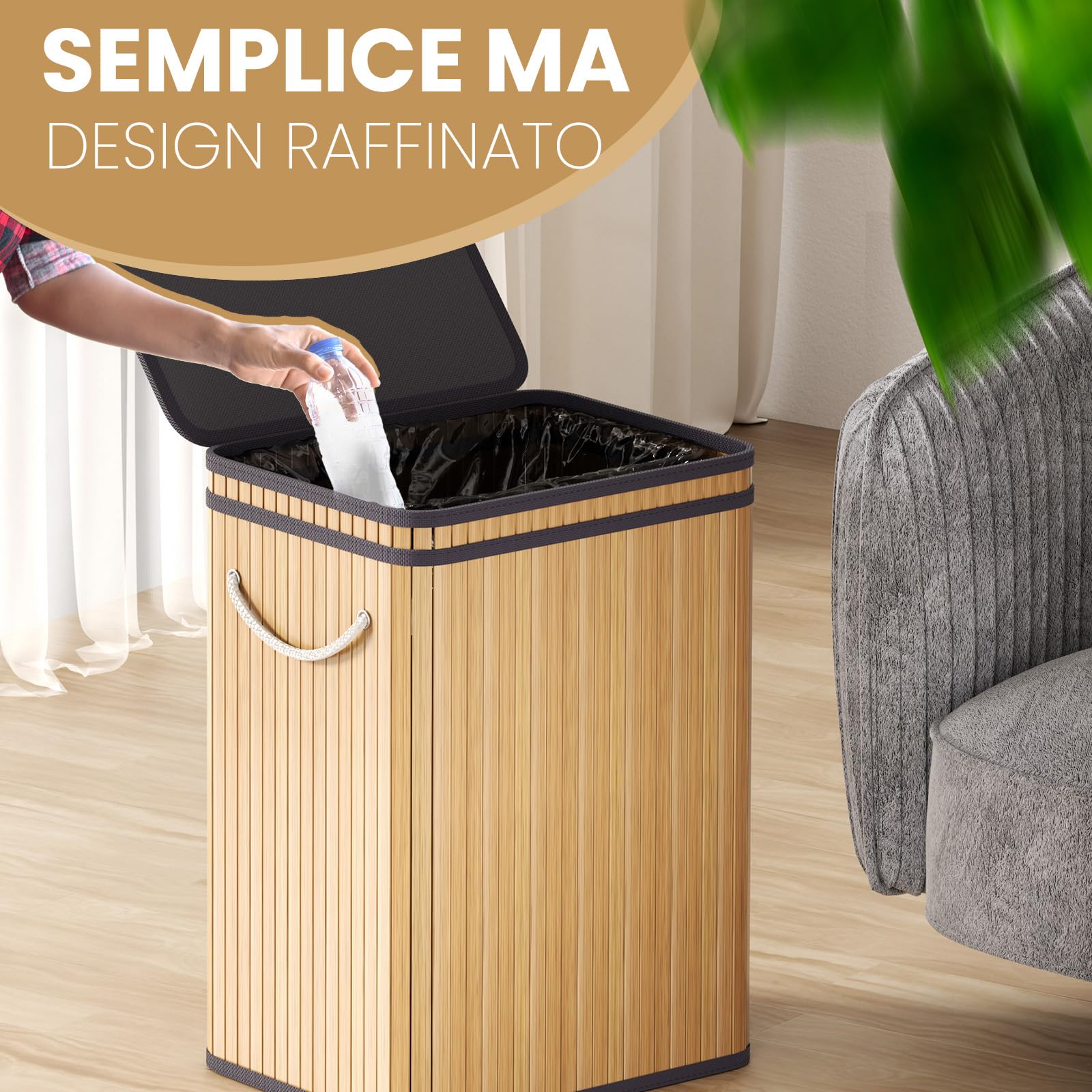 Mihoho Pattumiera grande da 80 litri/21 galloni con coperchio, cestino per rifiuti in bambù, pattumiera per esterni/bidone per rifiuti per casa, ufficio, bagno, cucina 40X30X60 CM (kaki chiaro)