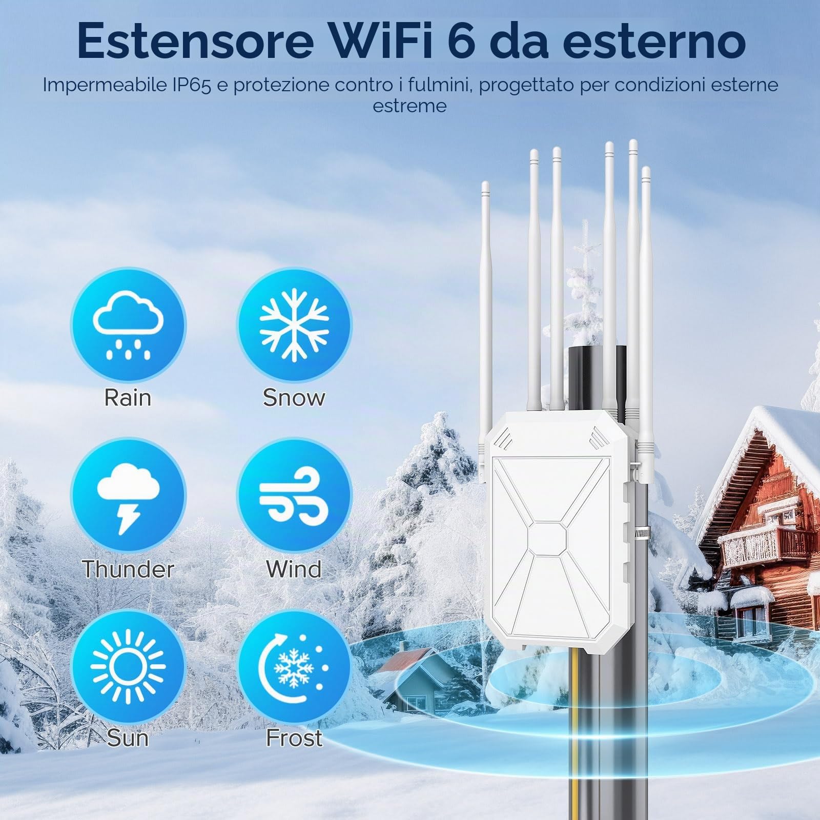 AX3000 Ripetitore WiFi Potente Esterno, 5GHz e 2,4GHz Extender WiFi Esterno Amplificatore WiFi Con 6 Antenne, Porta Gigabit Ethernet, Resistente Agli Agenti Atmosferici IP67, with PoE, Per Cortile