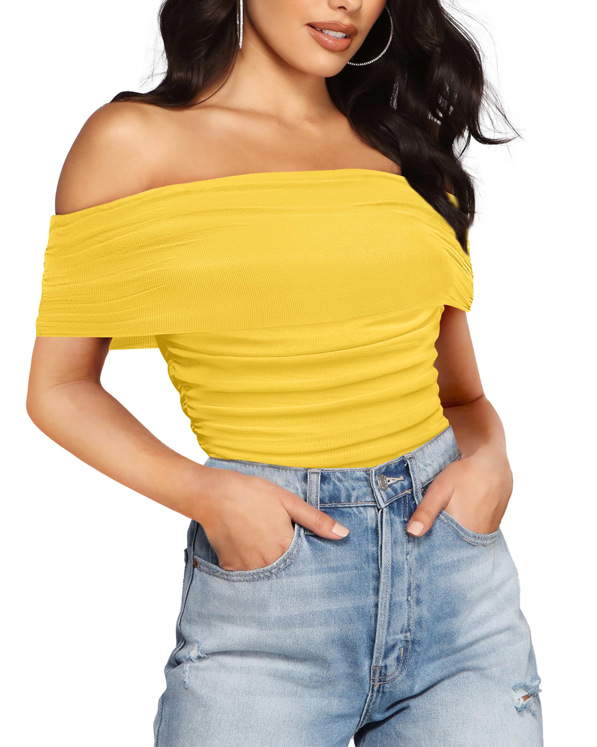 SAUNGKUAI Women's Short Sleeve Bodysuit Off the Shoulder Mesh Ruched One Piece Body Suits Summer Outfits