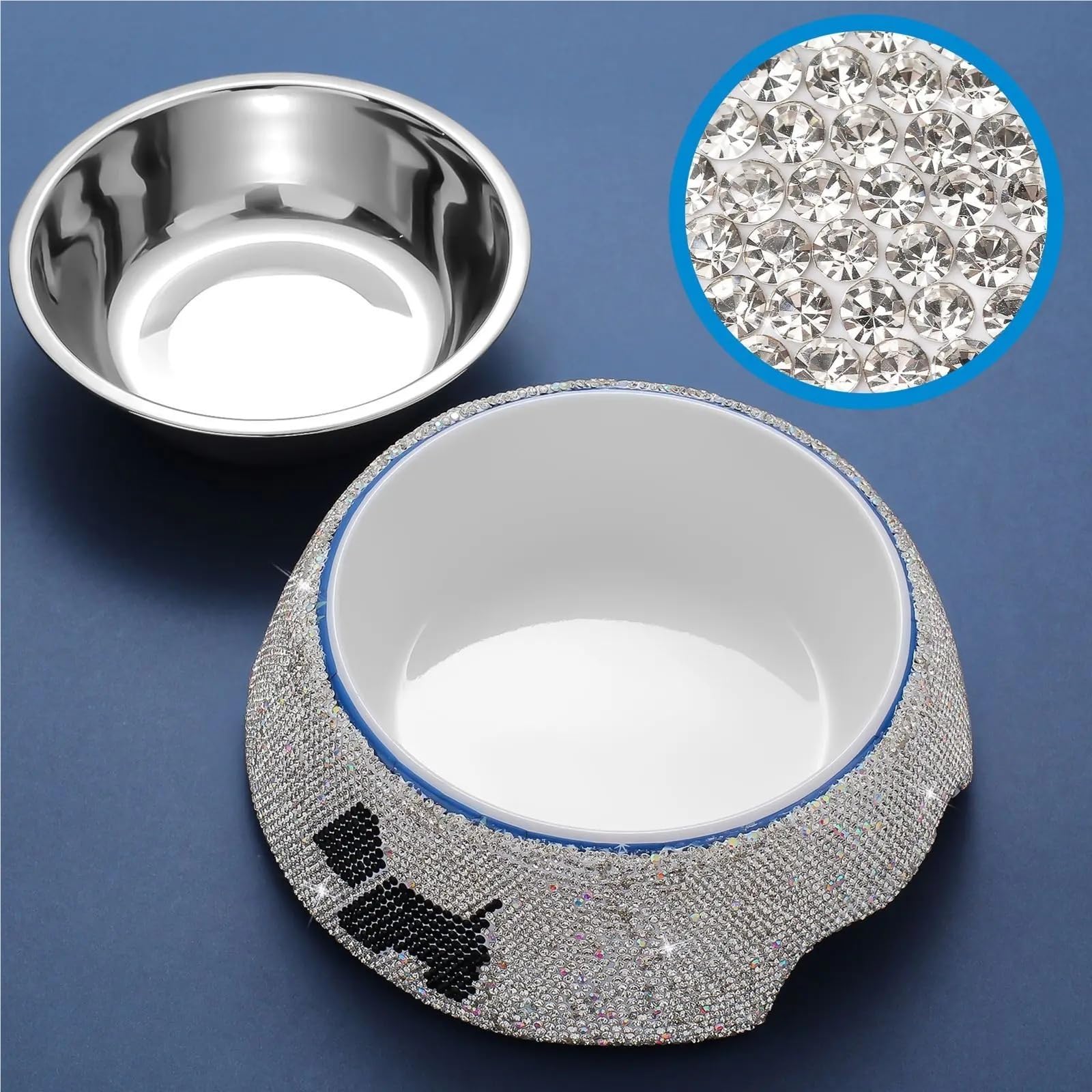 Futternapf aus Edelstahl mit Strasssteinen, funkelnder Futterspender | Edelstahleinsatz mit Kristallakzenten; rostfrei; rutschfester Ring; 16oz Fassungsvermögen.(C)
