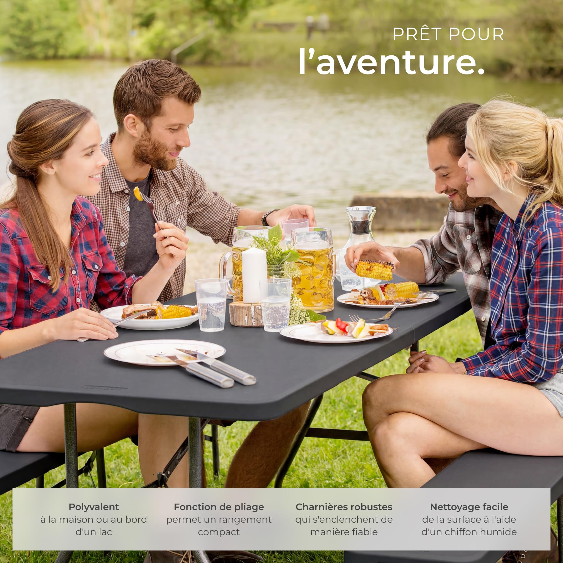 tectake® Table de Camping Pliable 180 x 70 x 74 cm, Plastique Robuste, Résistante aux intempéries, Charge Max. 120kg, Poignée de Transport caoutchoutée, Table de Pique-Nique, Jardin, Camping - Gris