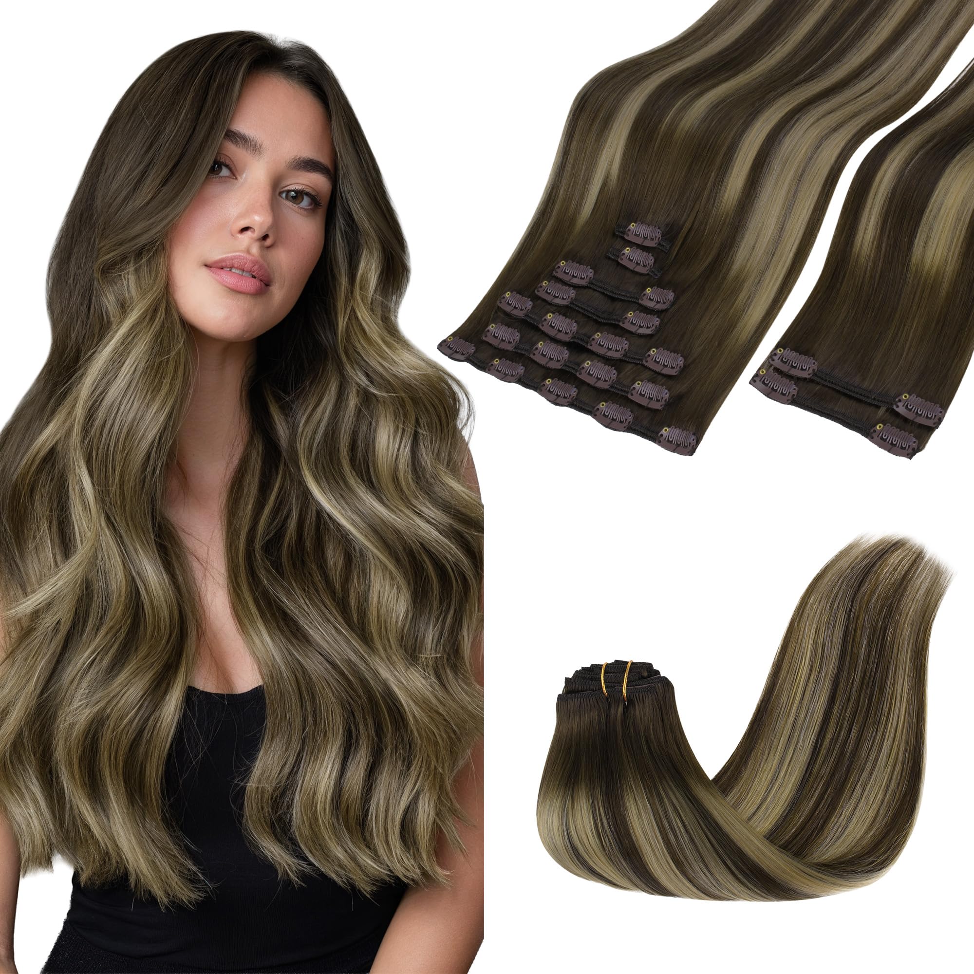 GOO GOO Clip in Hair Extensions Real Human Hair, Remy Human Hair Extensions Clip ins for Women, Natural Human Hair, 18inch 150g 9Pcs, 4/26/4 Balayage Chocolate Brown to Honey Blonde