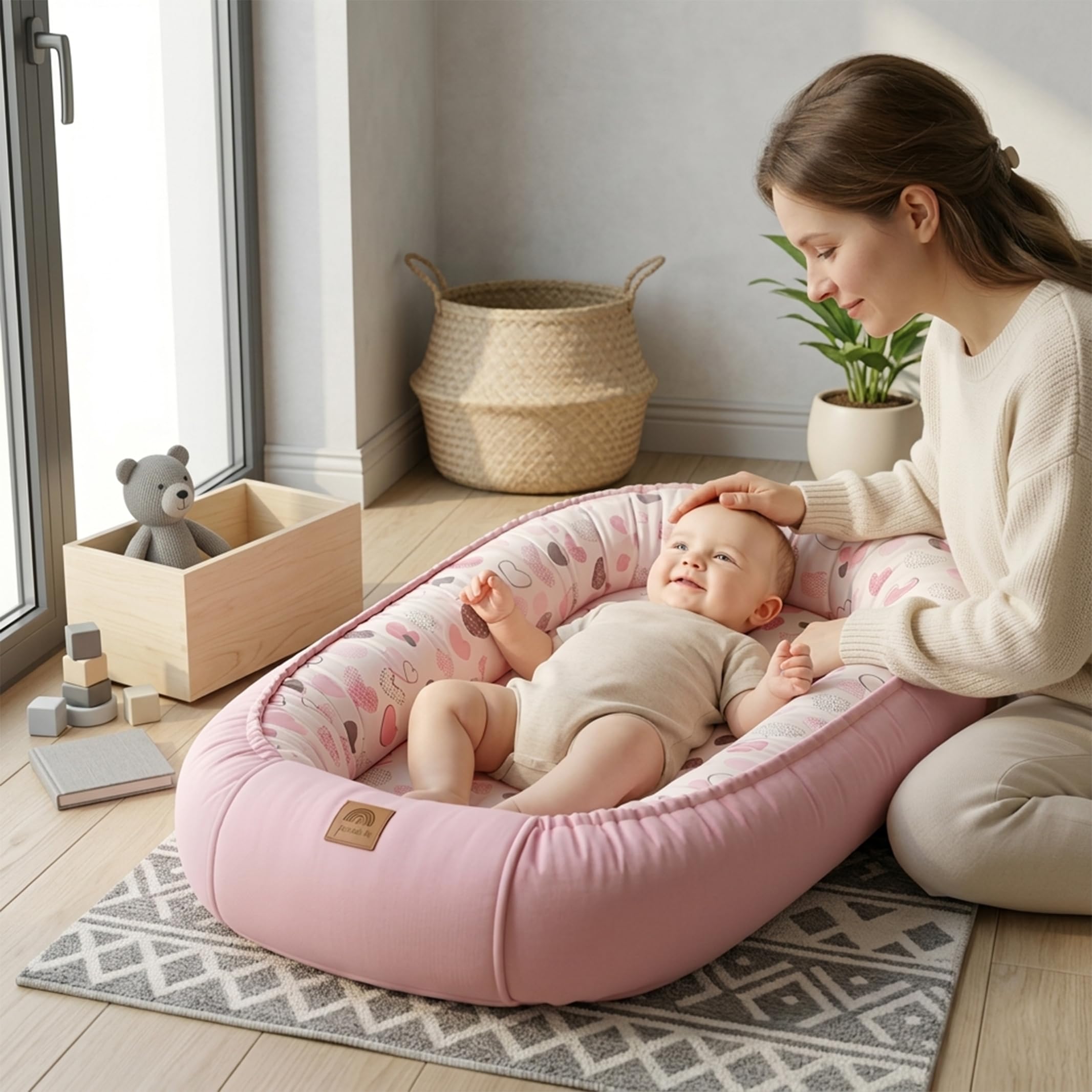 Nid de bébé 2 côtés - Nid cocon pour bébé - Hypoallergénique - 90 x 55 cm - Coton et velours - Cœurs roses avec rabat
