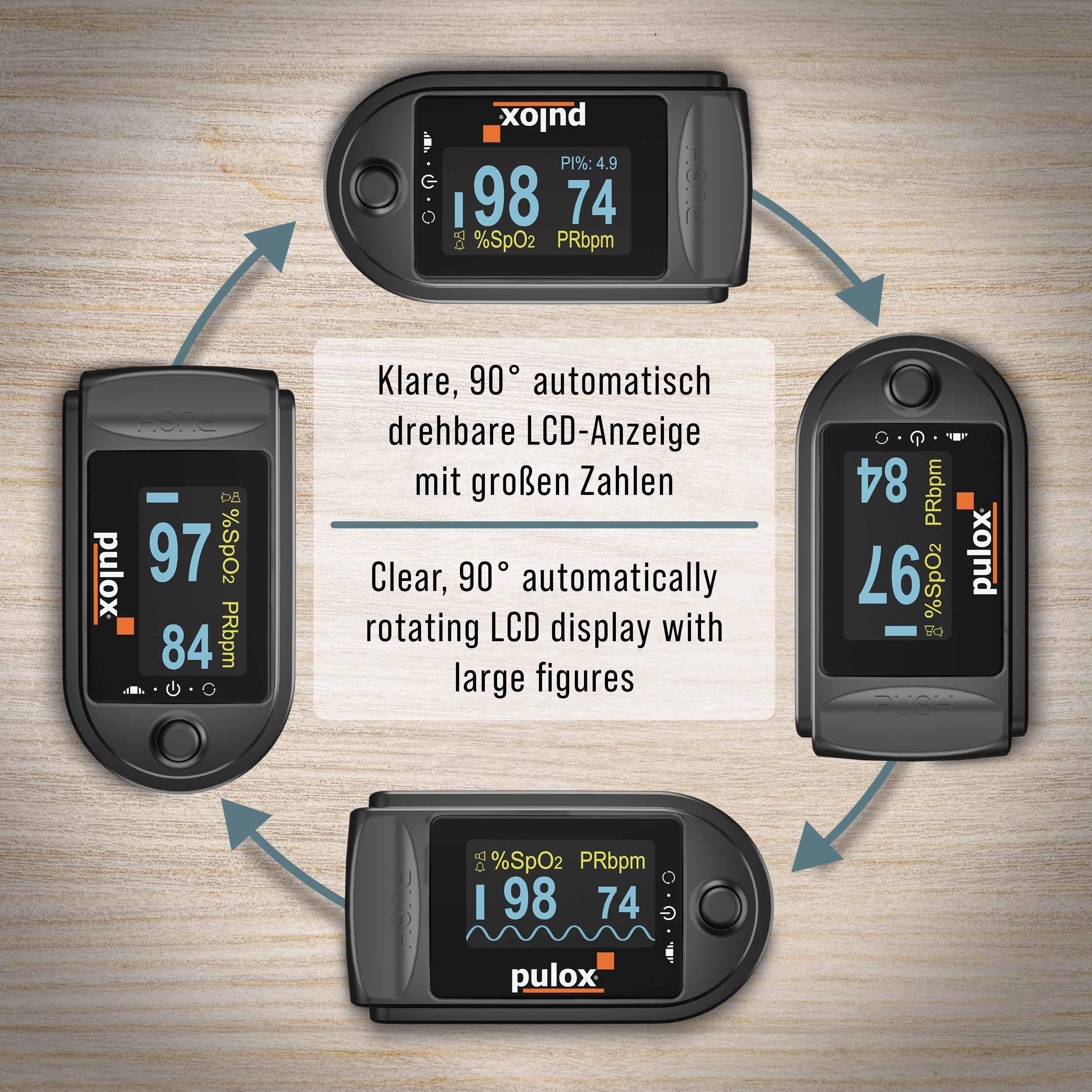 Pulox PO-200A Pulsoximeter Schwarz mit Alarm für SpO2, Puls & PI | Mit Pulston, Warnfunktion und Zubehör-Set zur Kontrolle von Sauerstoffsättigung, Herzfrequenz und Perfusionsindex