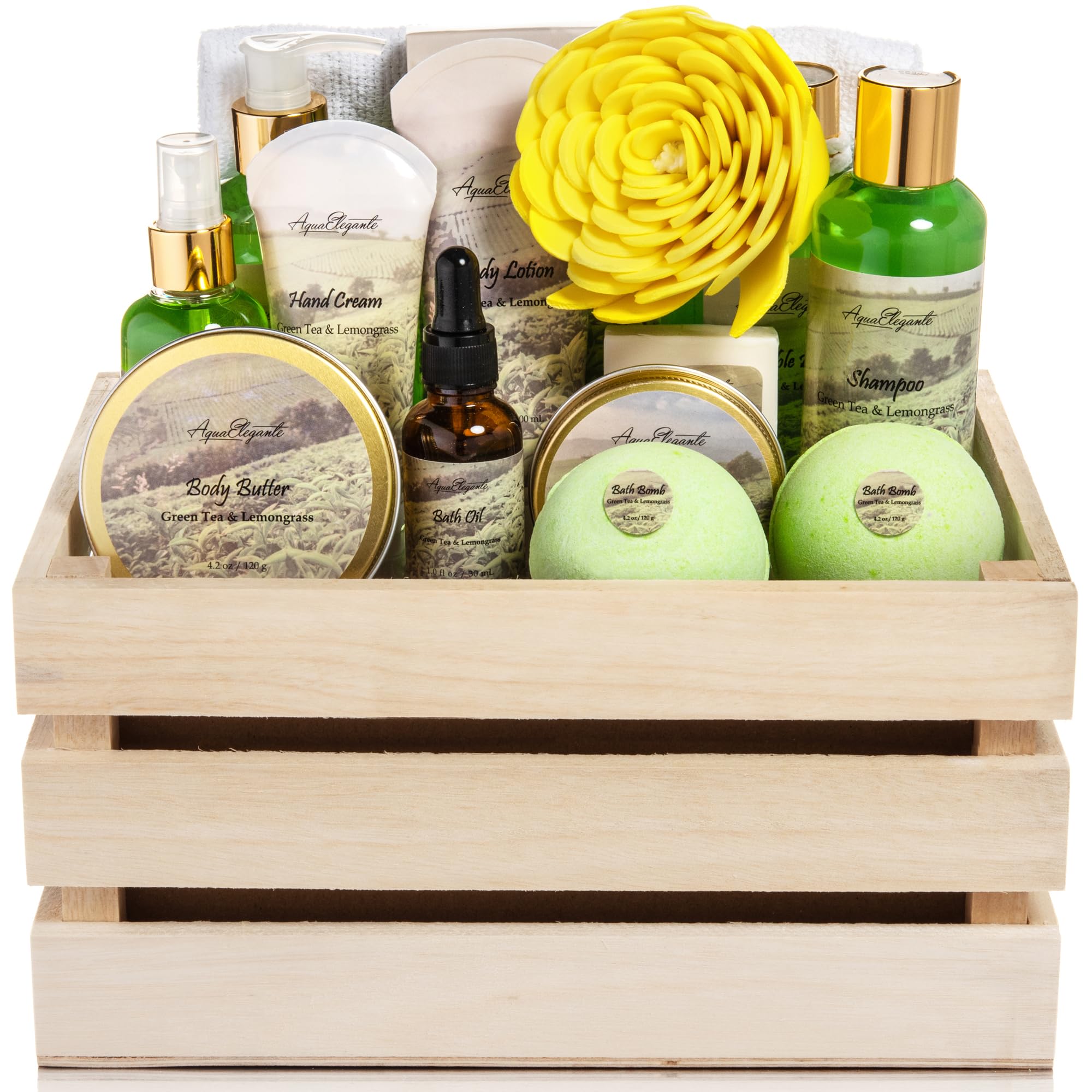 Aqua Elegante Bath Spa Gift Sets - Luxury Basket With Green Tea & Lemongrass - Spa Kit Includes Wash, Bubble Bath, Lotion, Bath Salts, Body Scrub, Body Spray, Shower Puff, Bathbombs, Soap and Towel