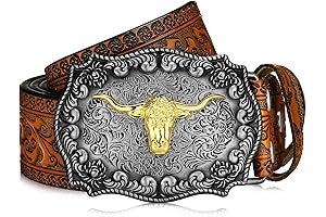 Western Leather Belt Buckle for Men with Cowboy Longhorn Bull Pattern and Floral Engraved Buckle