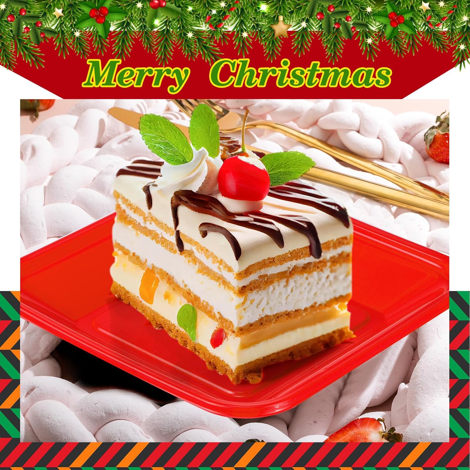 Sliner 50 Pcs Christmas Red Green Plastic Disposable Plates Bulk 6.9'' and 9.5'' Square Dinner Dessert Plates for Events Picnic Salad Cake Appetizer Christmas Birthday Party Supplies - Image 2