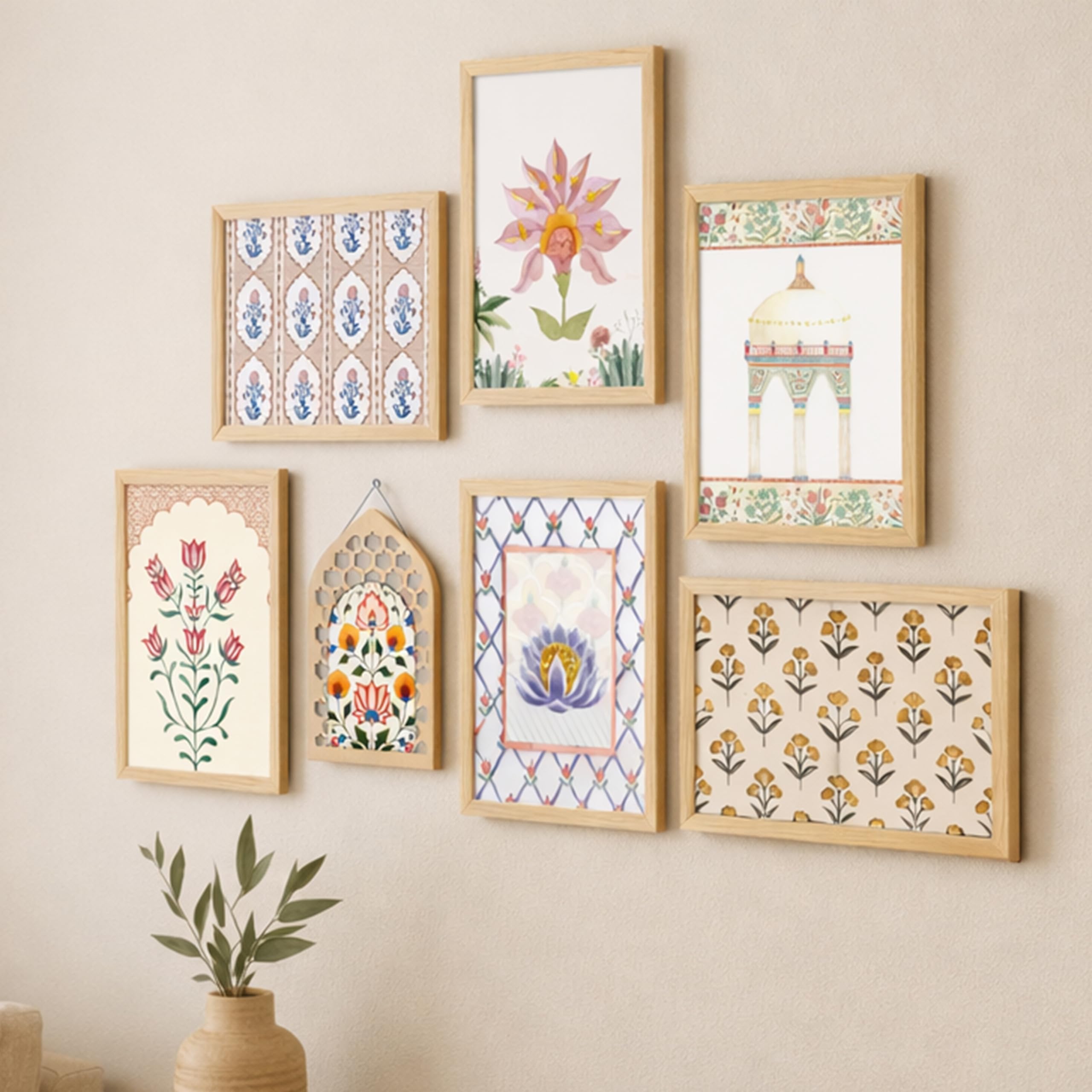 PAINTINGMANTRA Indian Floral Framed Wall Art Set of 7 (1 MDF wall Hanging) – Mughal & Rajasthani Inspired Botanical Prints |Ethnic Wall Decor Framed Painting for Living Room & Bedroom, 9x13 Inch-image-17