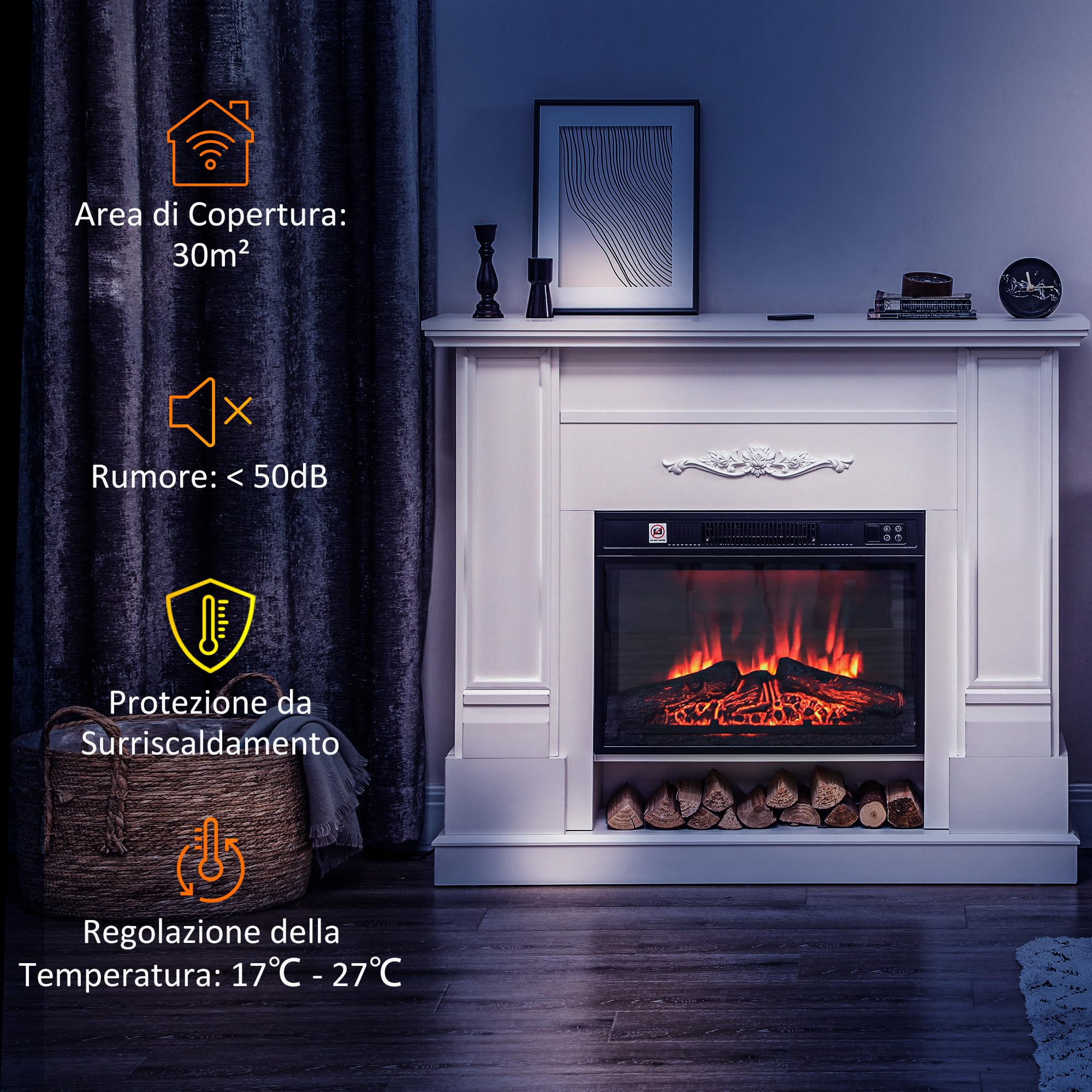 HOMCOM Camino Elettrico da Terra con Effetto Fiamma 3D e Ripiano, 177cm 1800W Caminetto Elettrico con Spegnimento Automatico, Termostato, Risacaldamento Regolabile, Timer e Telecomando, 30㎡, Bianco