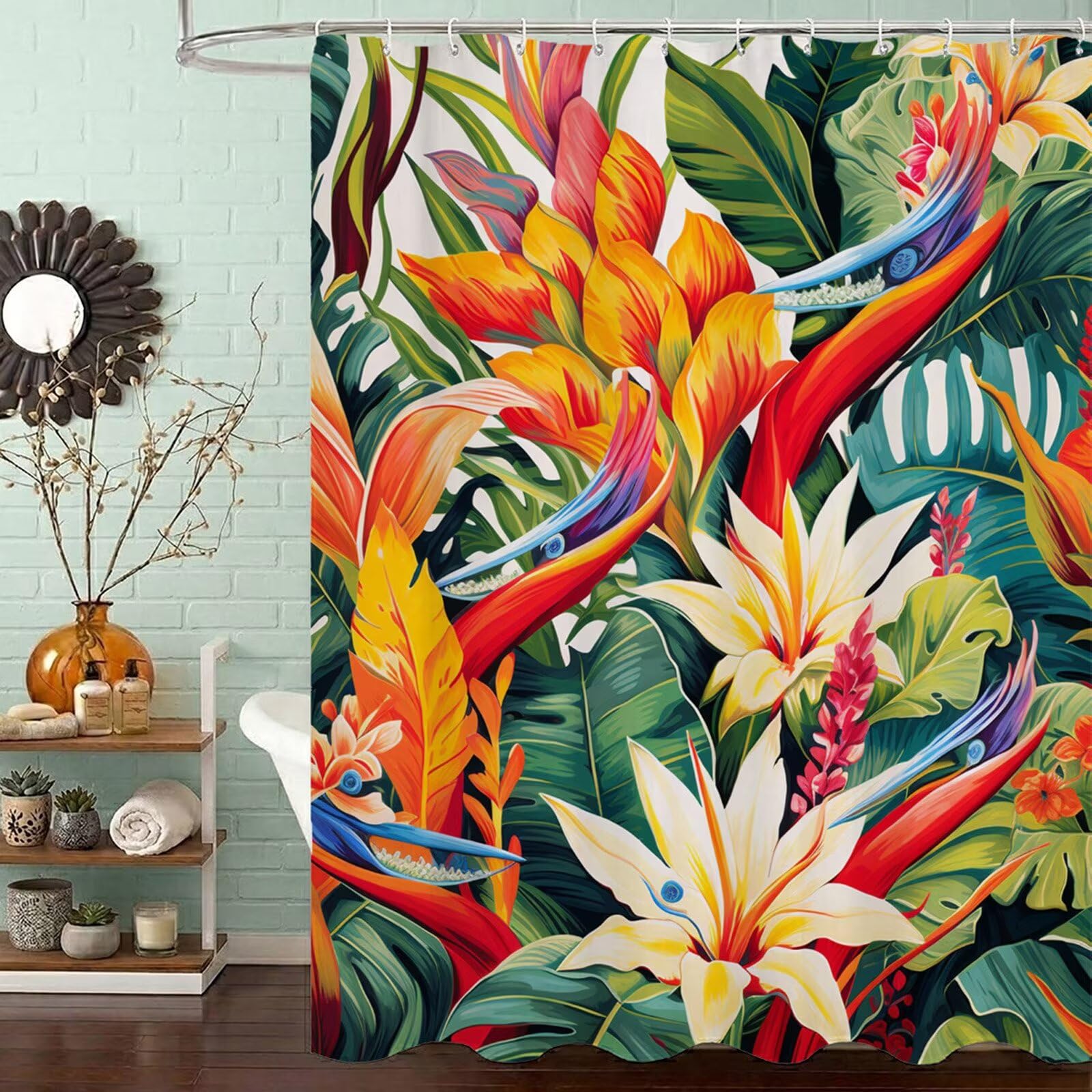 Duschvorhang 220x200 cm Anti Schimmel - Bunt Design - Wasserdicht & Waschbar Schnelltrocknender Polyester Stoff - Inkl. 12 Ringe und Gewicht Shower Curtain für Badezimmer Badewanne, Tropisch J8-146