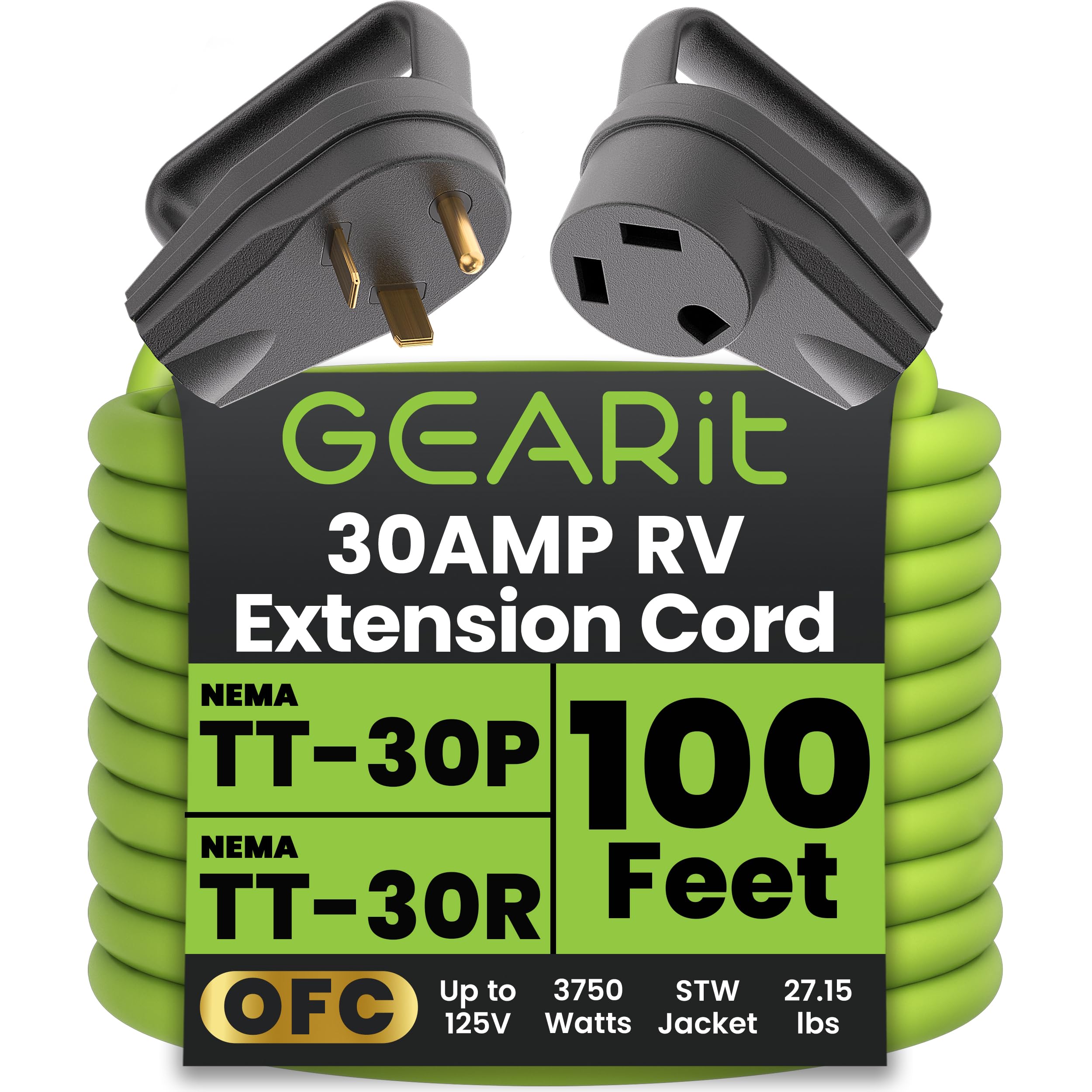 GearIT 30-Amp Extension Cord for RV and Auto, (100-Feet) 3-Prong 125-Volt 10/3 STW 10AWG Gauge 3 Wire, NEMA TT-30P to TT-30R, Outdoor Camper Power Cord