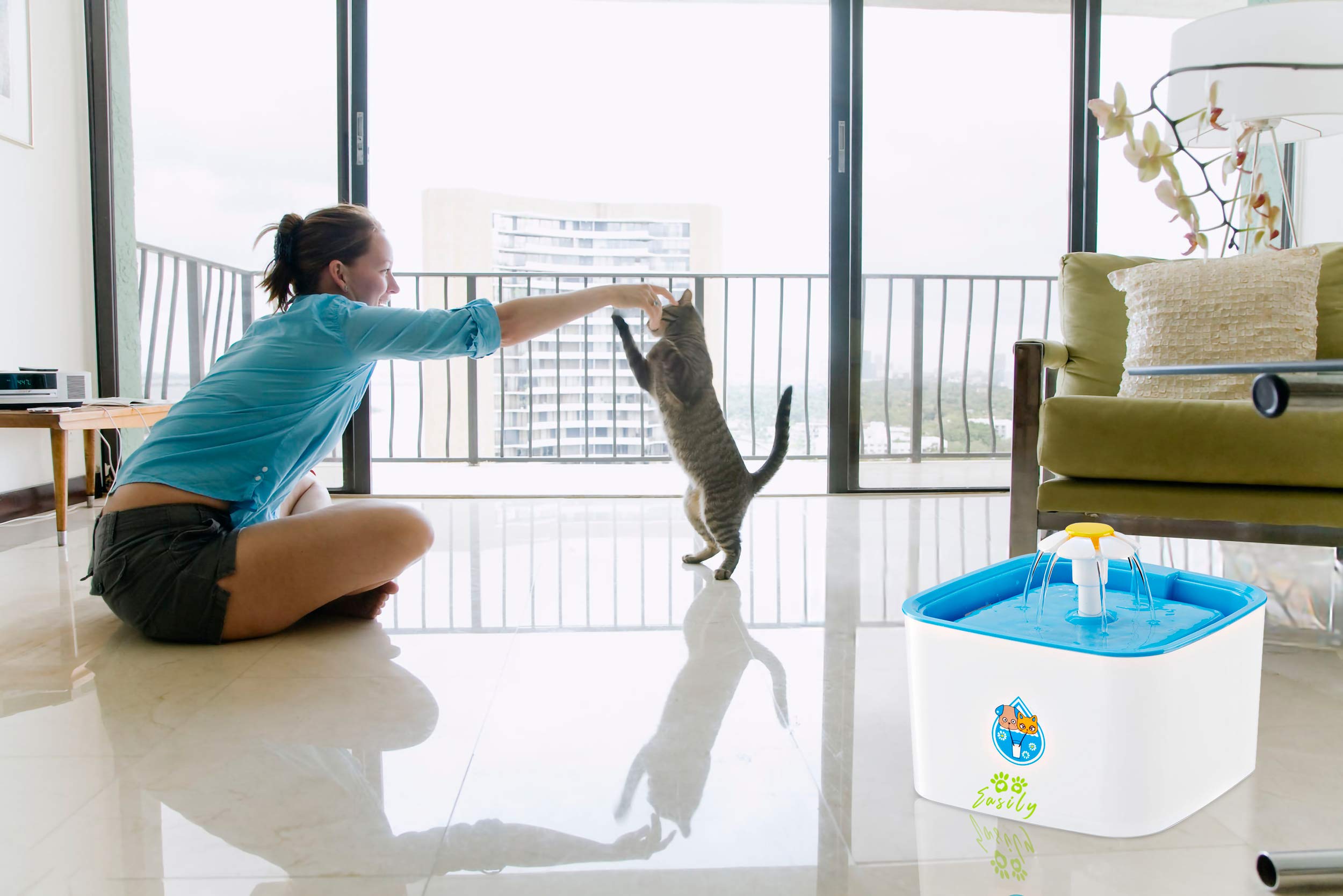 Easily Fontanella per Gatti, Cani e Animali Domestici, Filtro a Carboni, Grande capacità 2.5L, Automatica, 3 Giochi d'Acqua,silenziosa, Bassi consumi