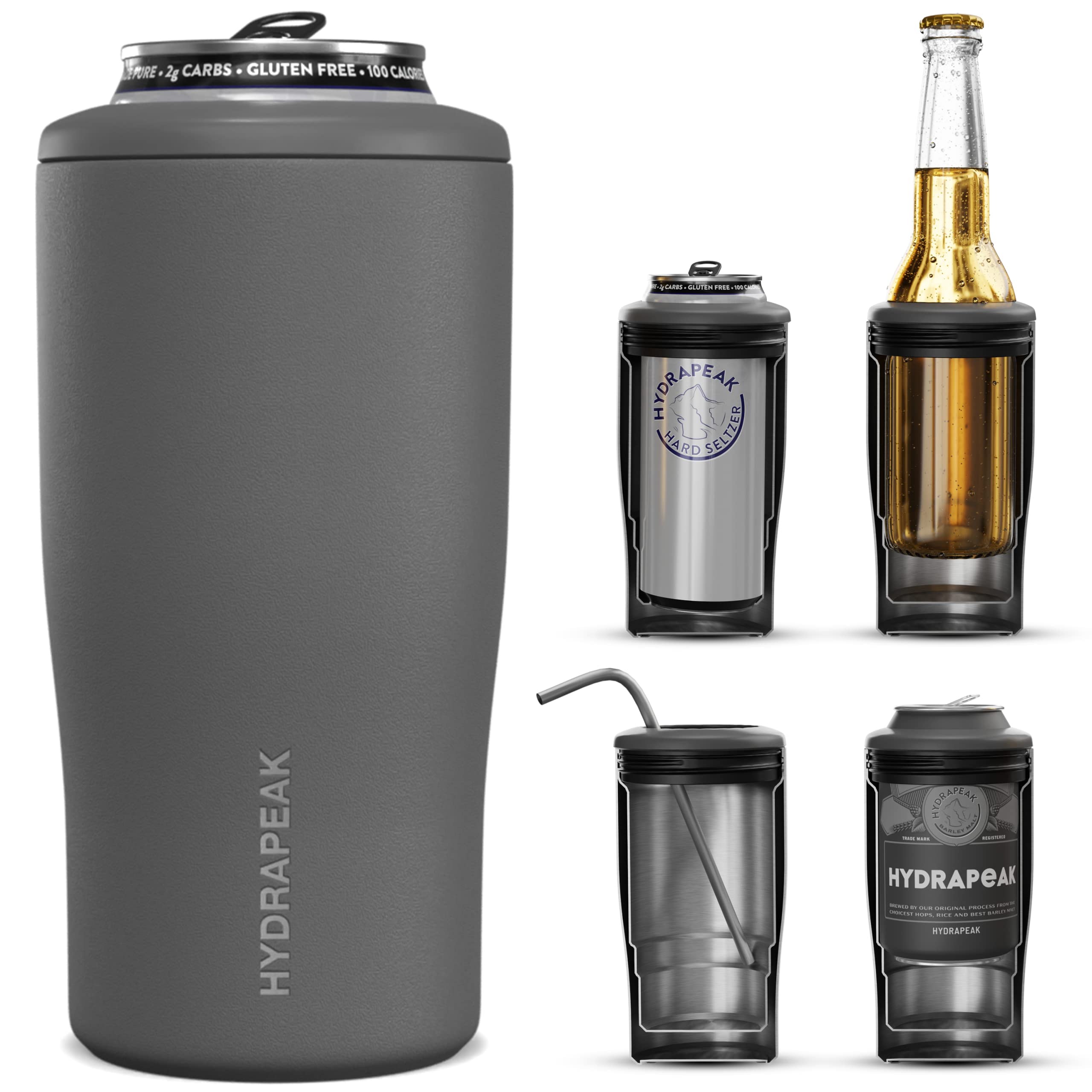 Hydrapeak 4-in-1 Insulated Bottle and Can Cooler - Fits 12 oz Slim Cans, Standard 12 oz Cans, and 12oz Beer Bottles | Stainless Steel Double Wall Vacuum Insulated Universal Can Cooler (Graphite)