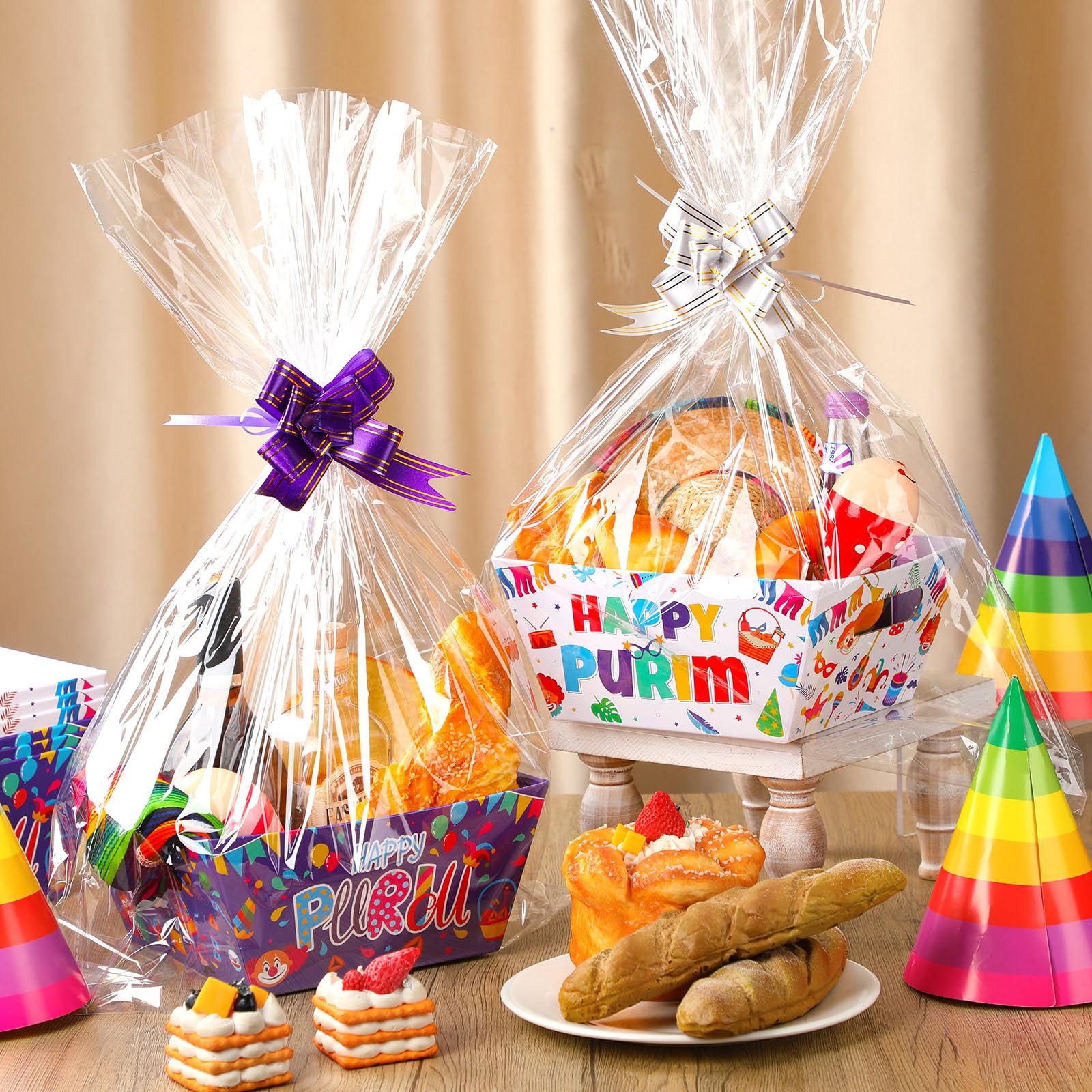 Cholemy Purim - Juego de 24 cestas de regalo vacías que incluye 8 bandejas de mercado de papel kraft, 8 bolsas y 8 lazos, regalos de fiesta de carnaval judío, caja de cartón para regalos vacía con