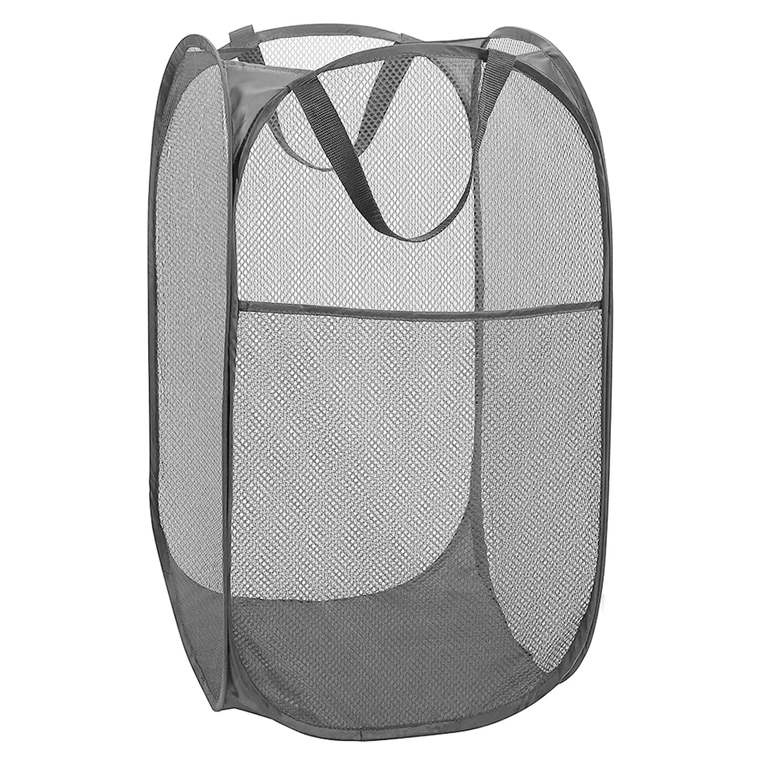 Cesto portabiancheria pop-up in rete resistente con tasca laterale per lavanderia, bagno, camera dei bambini, dormitorio universitario o viaggi, grigio